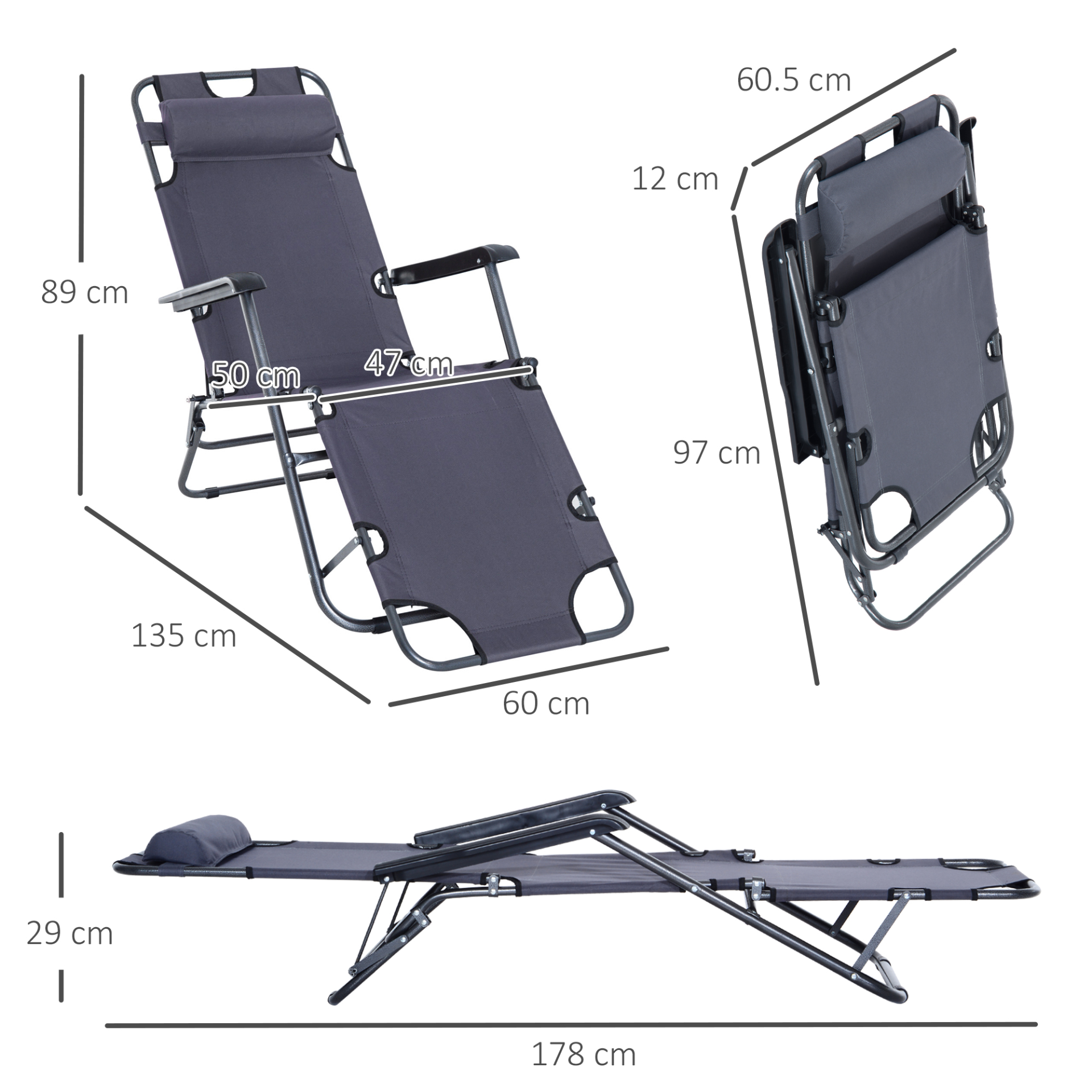 Outsunny 2 in 1 Sun Lounger Chair - Folding Reclining Chair with Adjustable Back and Pillow, Grey MyLibelula