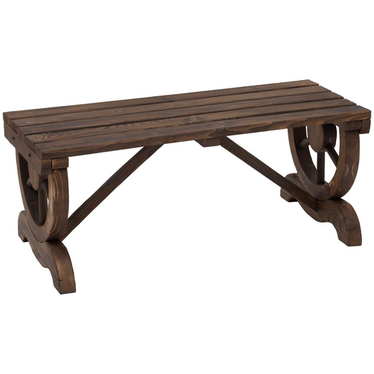 Outsunny Rustic Wooden Garden Bench with Wagon Wheel Legs - 2-Person Outdoor Patio Bench Seat - Brown MyLibelula