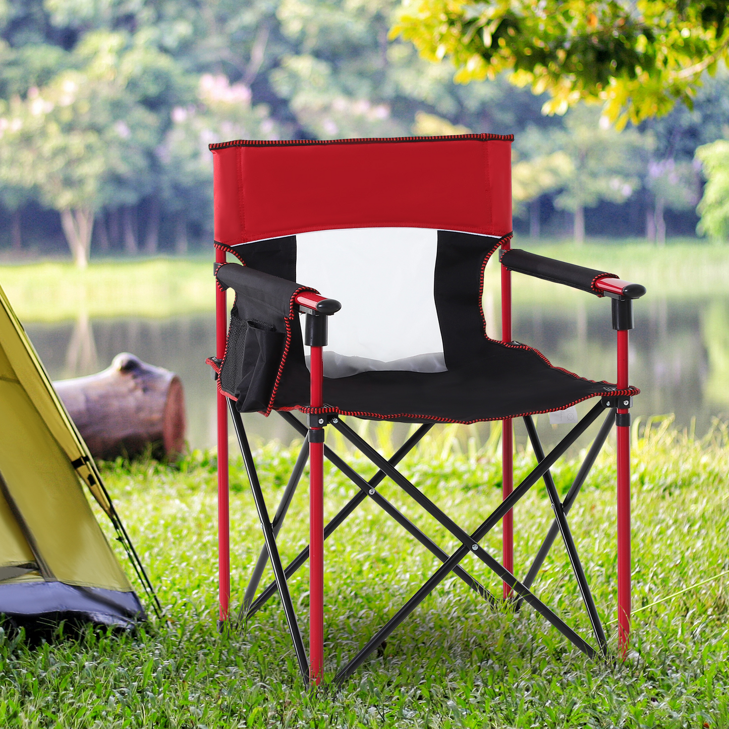 Outsunny Folding Fishing Camping Chair - Portable Picnic Armchair with Cup Holder & Phone Pocket, Durable Oxford Metal Frame, Red MyLibelula