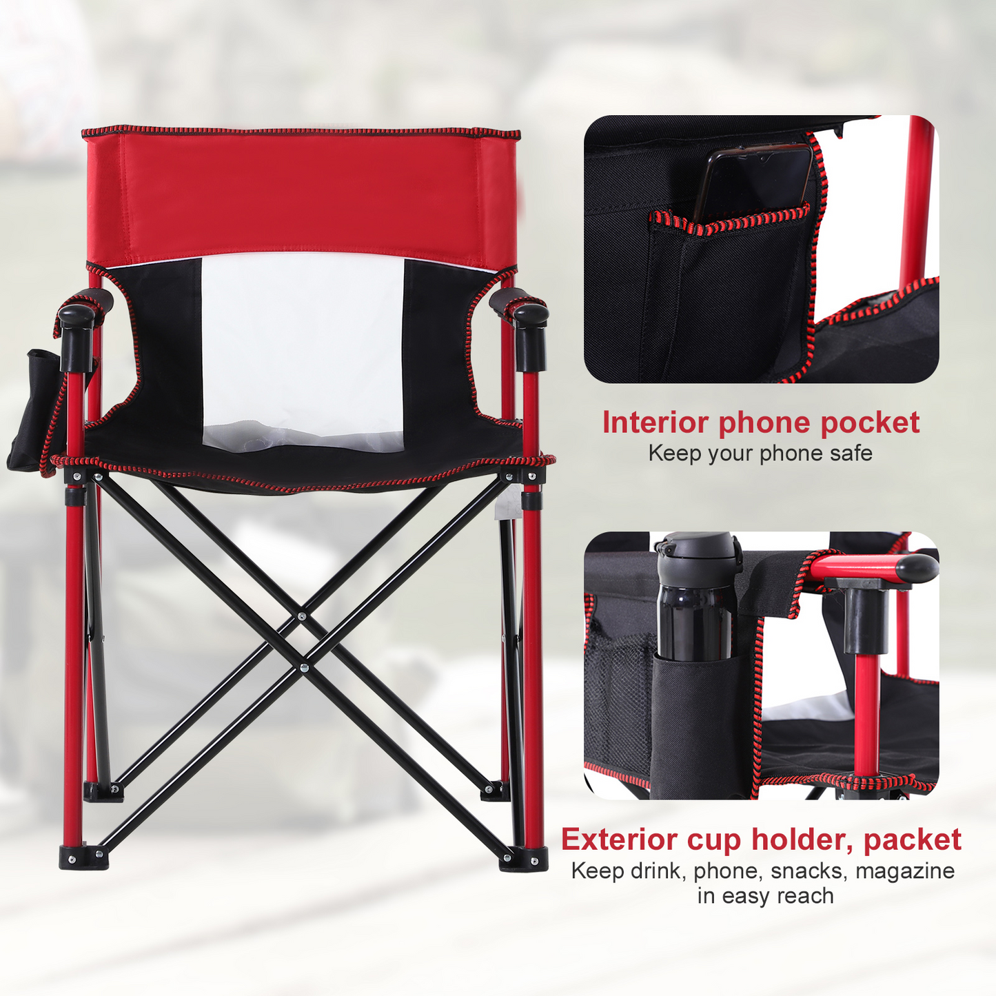 Outsunny Folding Fishing Camping Chair - Portable Picnic Armchair with Cup Holder & Phone Pocket, Durable Oxford Metal Frame, Red MyLibelula