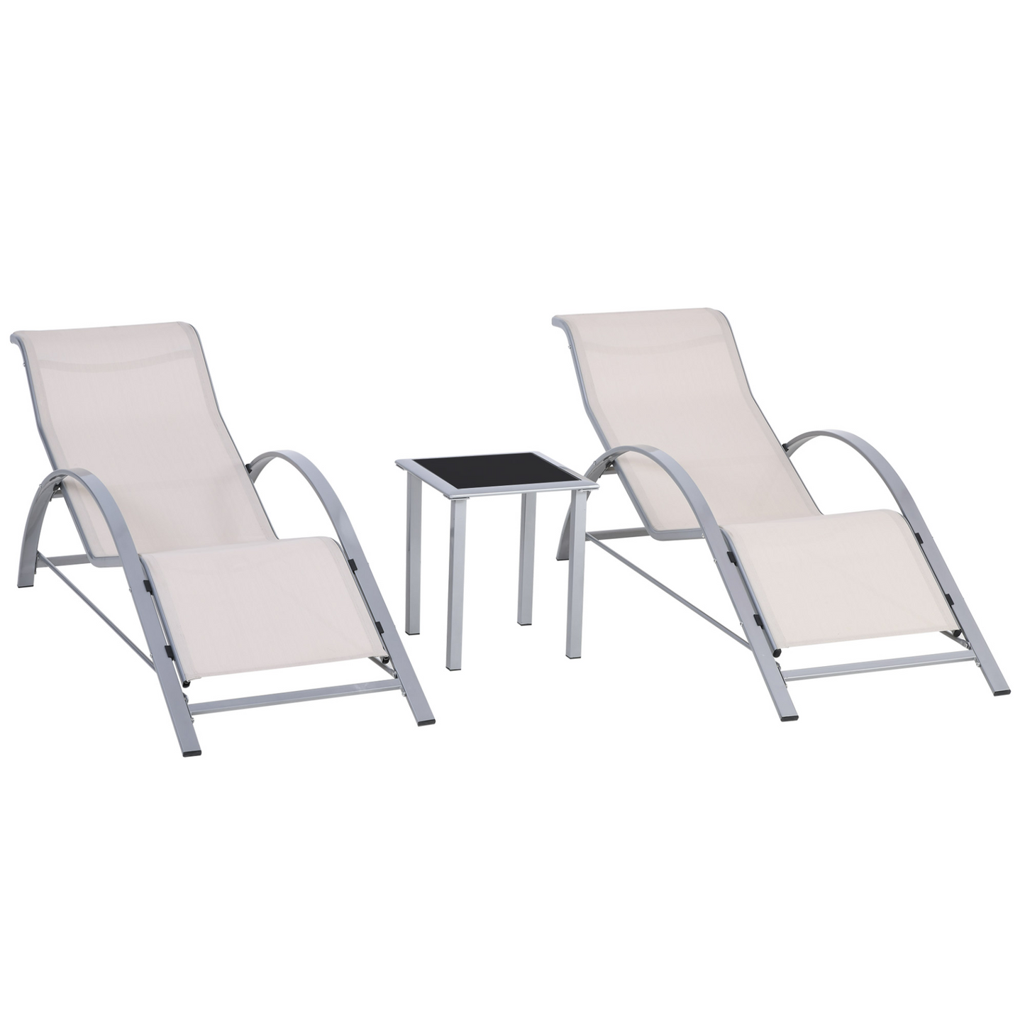 Outsunny 3-Piece Lounge Chair Set with Metal Frame & Tempered Glass Table - Cream MyLibelula