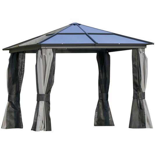 Outsunny 3 x 3m Hardtop Garden Gazebo with UV Resistant Polycarbonate Roof, Aluminium Frame, Mosquito Netting, and Curtains MyLibelula