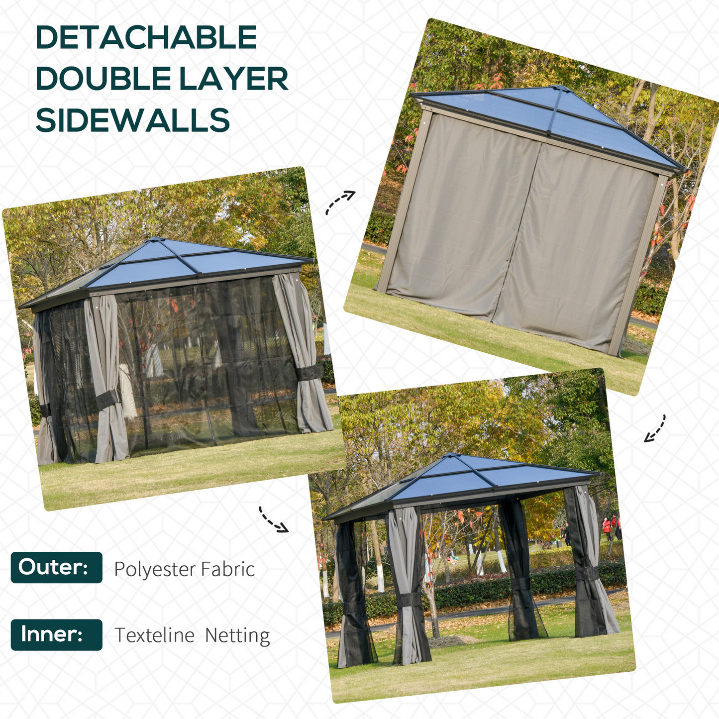 Outsunny 3 x 3m Hardtop Garden Gazebo with UV Resistant Polycarbonate Roof, Aluminium Frame, Mosquito Netting, and Curtains MyLibelula