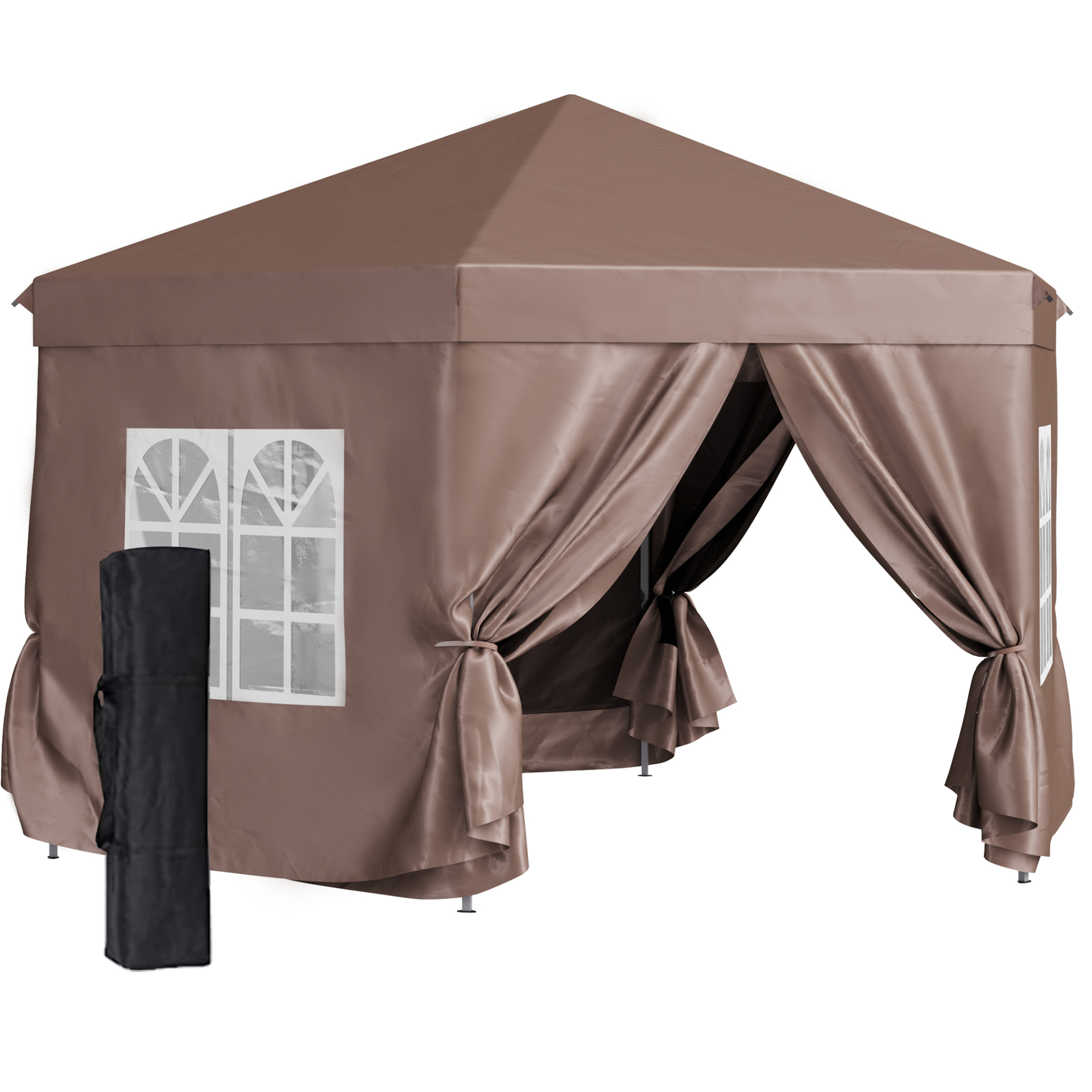 Outsunny 4x4m Hexagonal Garden Pop up Gazebo Marquee Party Tent Wedding Canopy Height Adjustable with Storage Bag - Brown MyLibelula