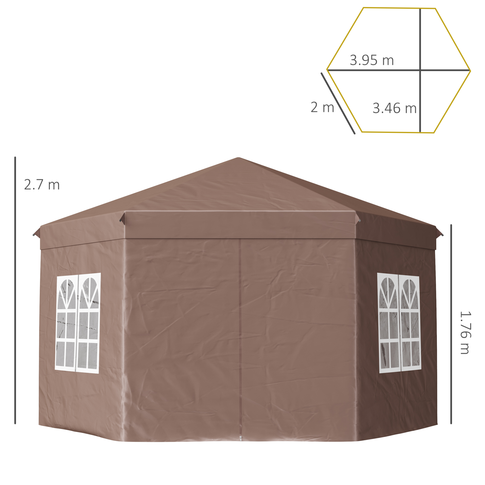 Outsunny 4x4m Hexagonal Garden Pop up Gazebo Marquee Party Tent Wedding Canopy Height Adjustable with Storage Bag - Brown MyLibelula