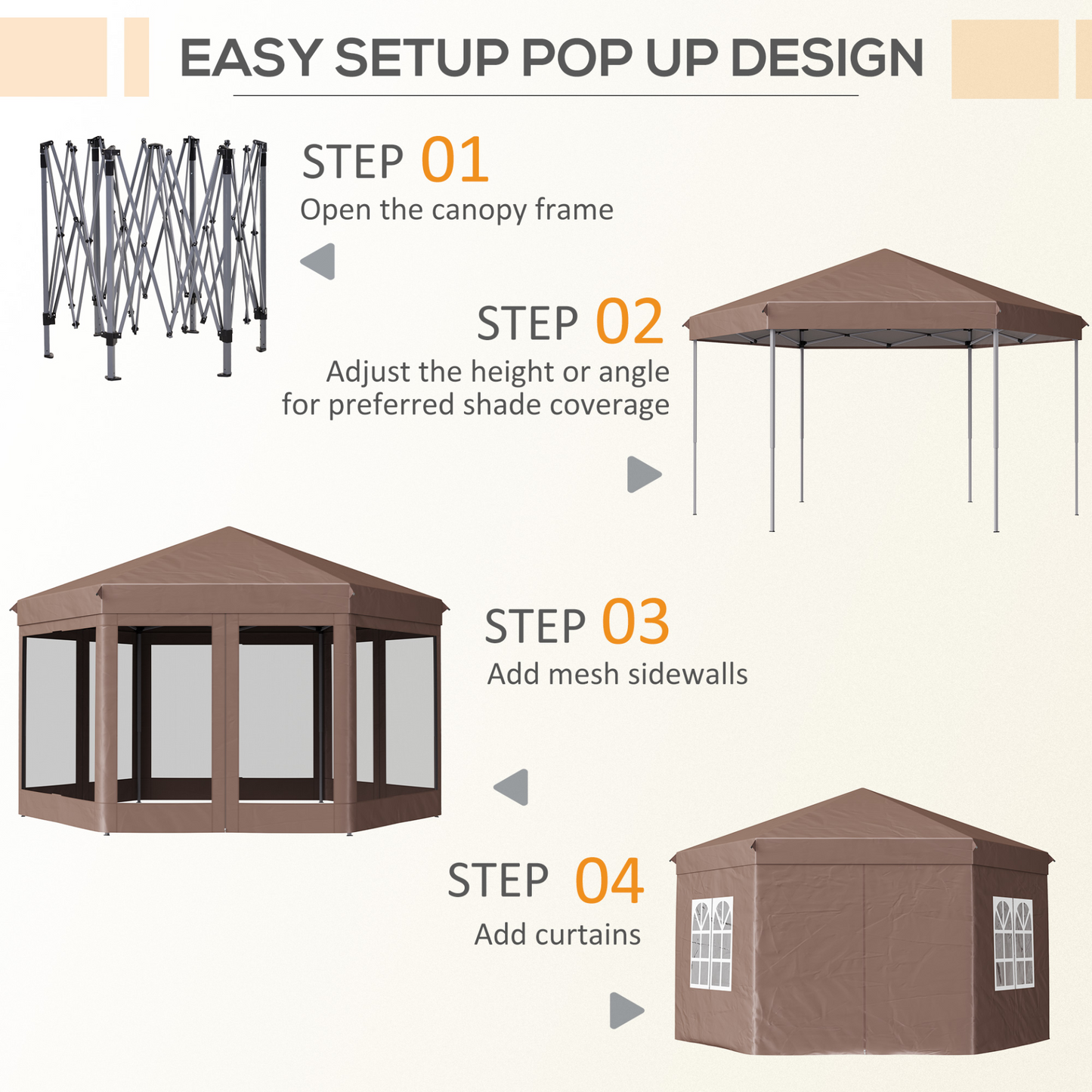 Outsunny 4x4m Hexagonal Garden Pop up Gazebo Marquee Party Tent Wedding Canopy Height Adjustable with Storage Bag - Brown MyLibelula