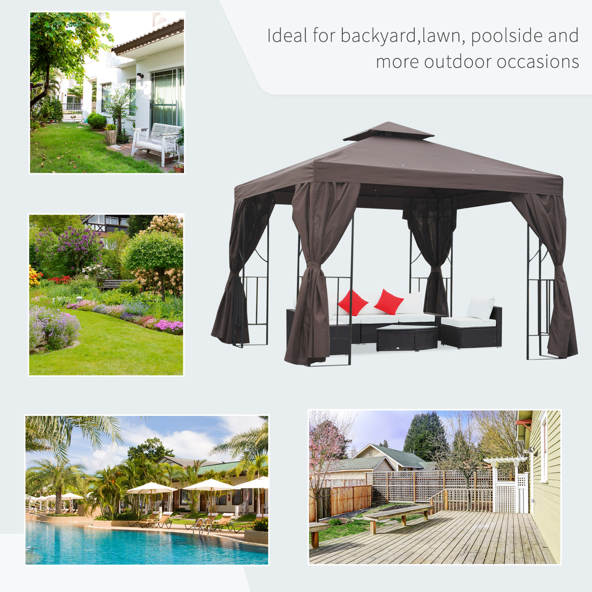 Outsunny 3 x 3 m Garden Metal Gazebo with Pavilion Sidewalls - Brown | Ideal for Weddings & Parties MyLibelula