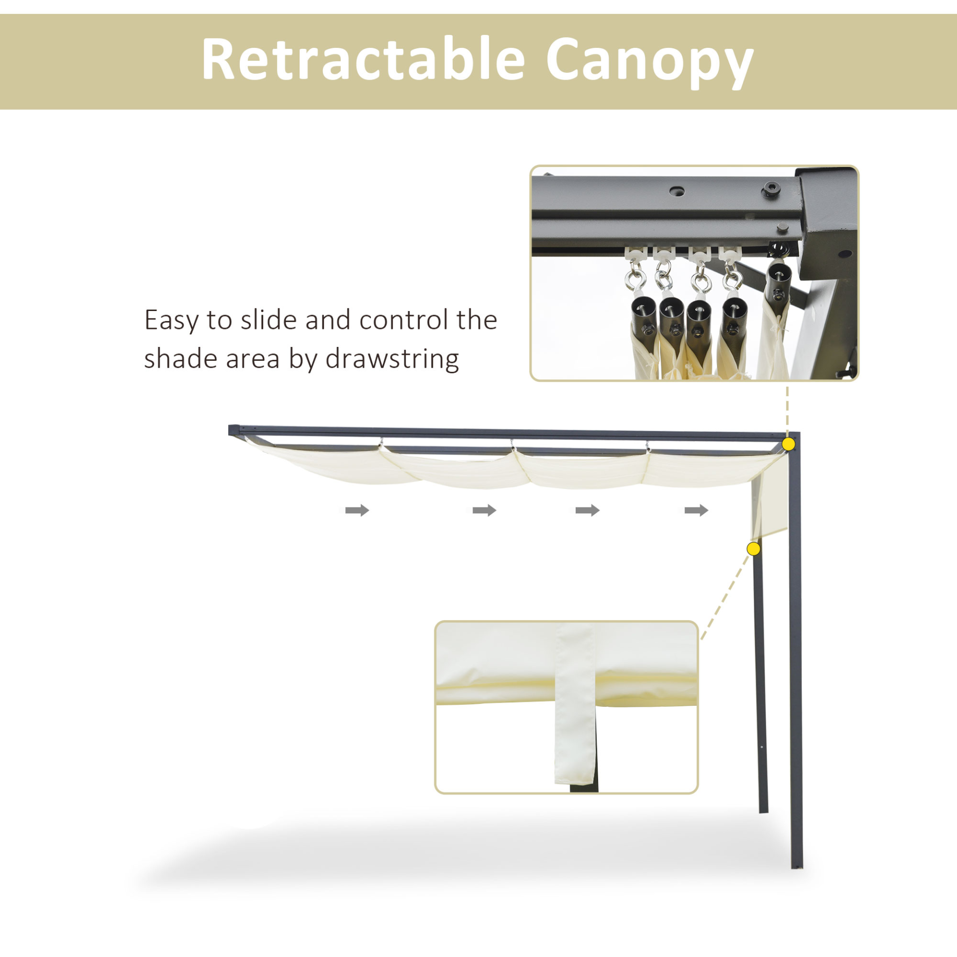 Outsunny 3 x 3m Outdoor Pergola with Retractable Canopy - Wall Mounted Gazebo Patio Shelter, Cream White MyLibelula