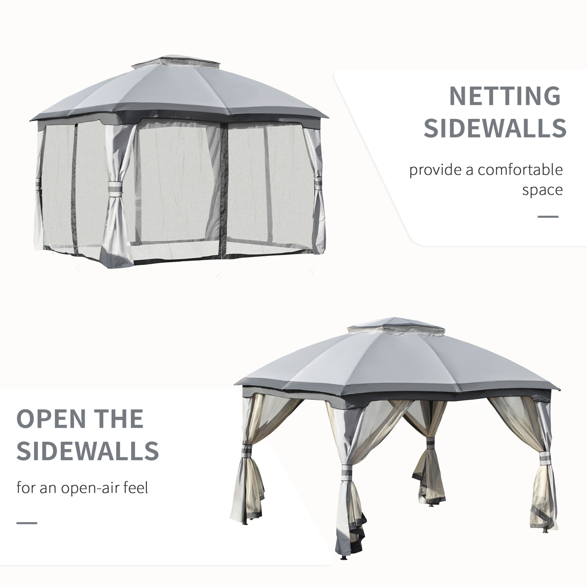 Outsunny 3.7 x 3(m) Metal Gazebo Canopy Party Tent - Garden Patio Shelter with Netting Sidewalls & Double Tiered Roof, Grey MyLibelula