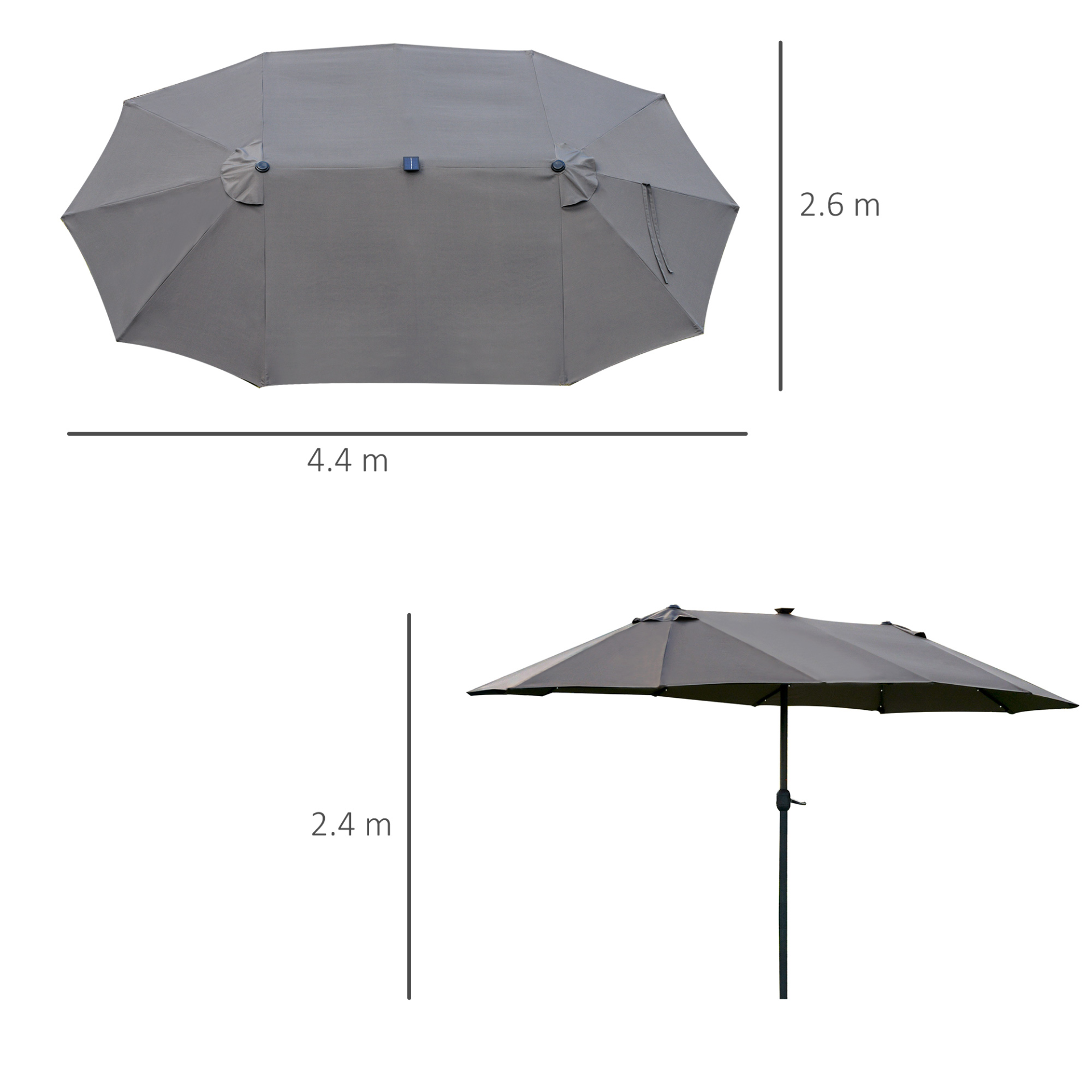 Outsunny 4.4m Double-Sided Sun Umbrella Garden Parasol with Solar LED Lights - Dark Grey, No Base Included MyLibelula