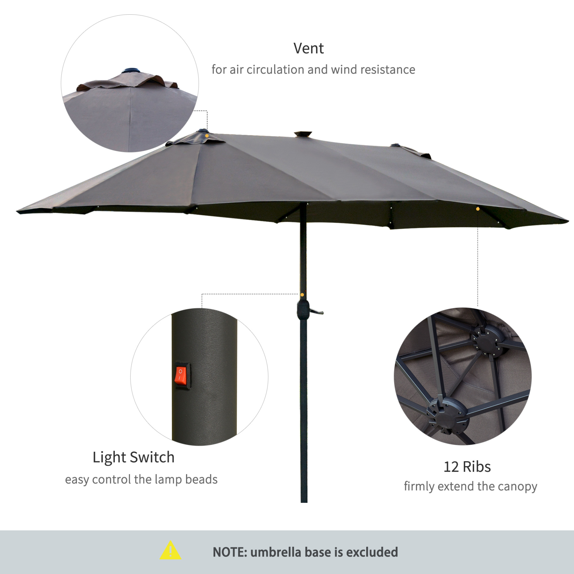 Outsunny 4.4m Double-Sided Sun Umbrella Garden Parasol with Solar LED Lights - Dark Grey, No Base Included MyLibelula