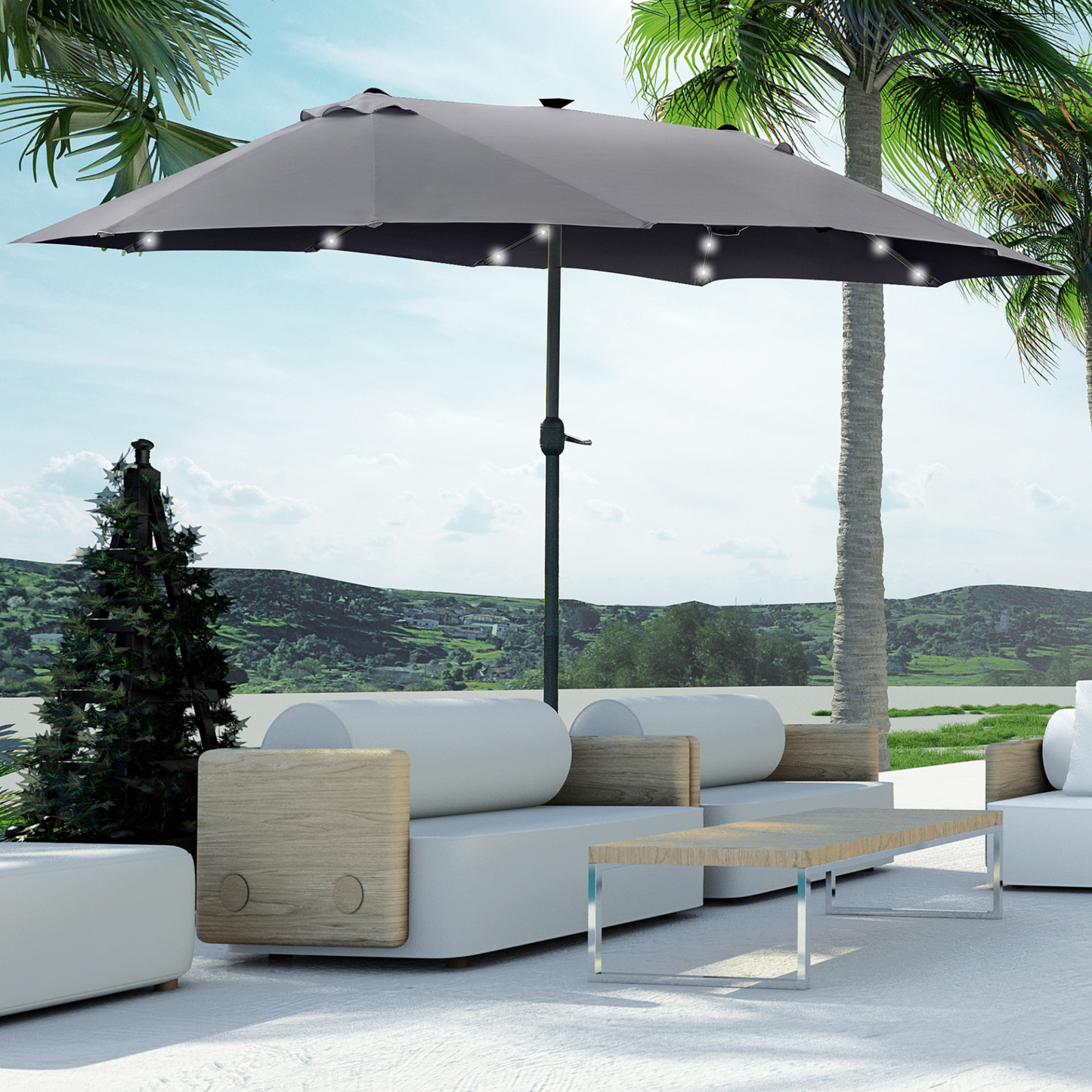 Outsunny 4.4m Double-Sided Sun Umbrella Garden Parasol with Solar LED Lights - Dark Grey, No Base Included MyLibelula