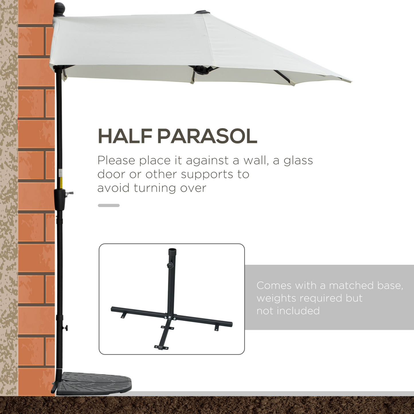 Outsunny 2m Half Parasol Market Umbrella with Crank Handle & Cross Base - Cream White MyLibelula