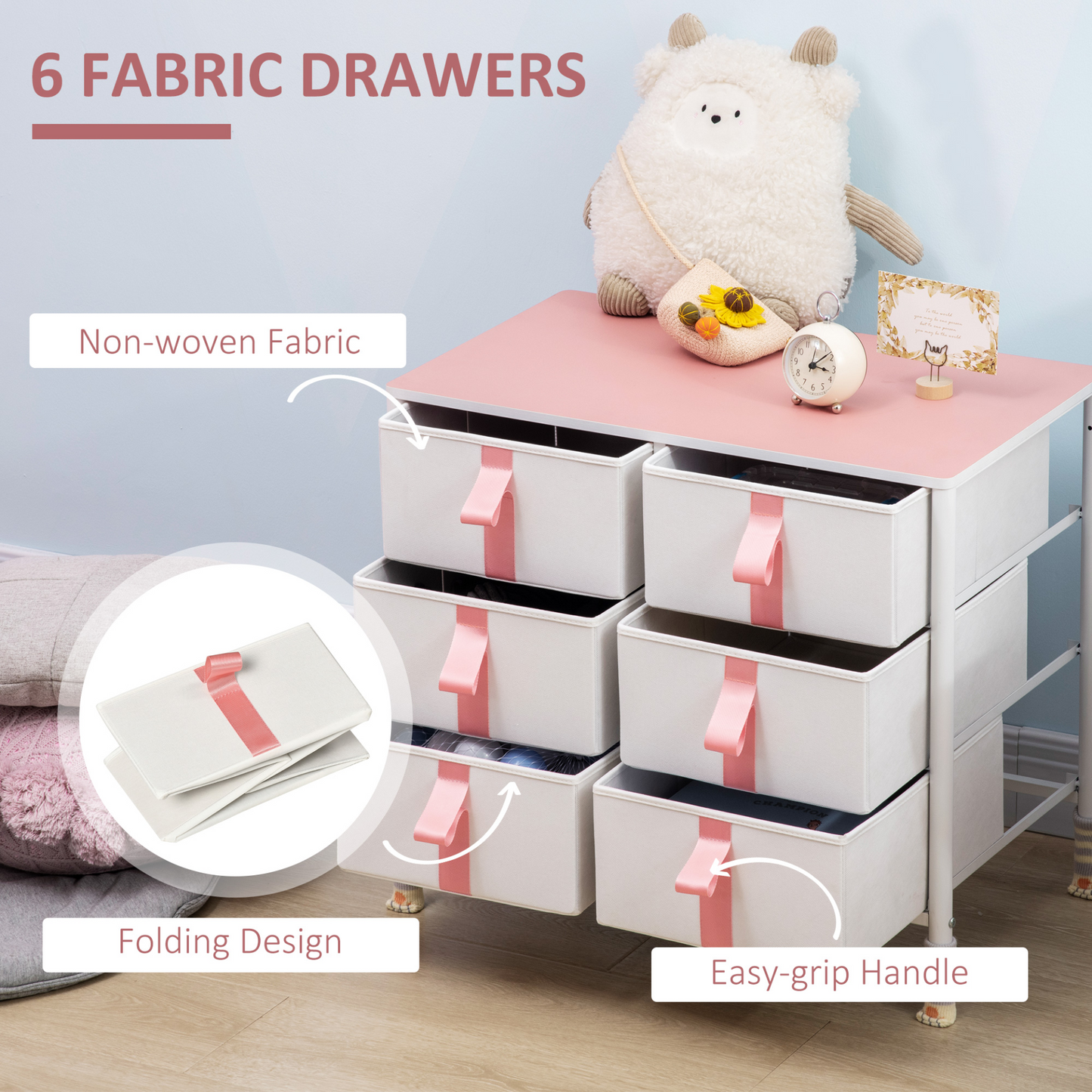 HOMCOM Pink Chest of Drawers - 6 Fabric Drawers, Metal Frame & Wooden Top - Perfect for Kids Room, Living Room, Closet & Hallway MyLibelula