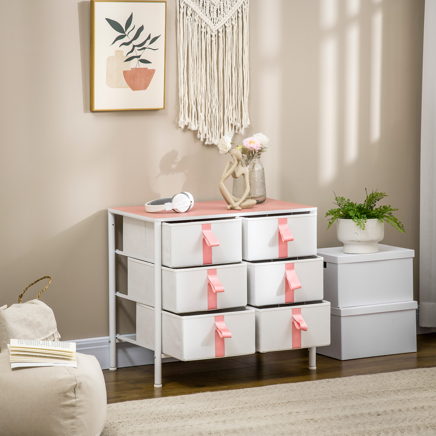 HOMCOM Pink Chest of Drawers - 6 Fabric Drawers, Metal Frame & Wooden Top - Perfect for Kids Room, Living Room, Closet & Hallway MyLibelula