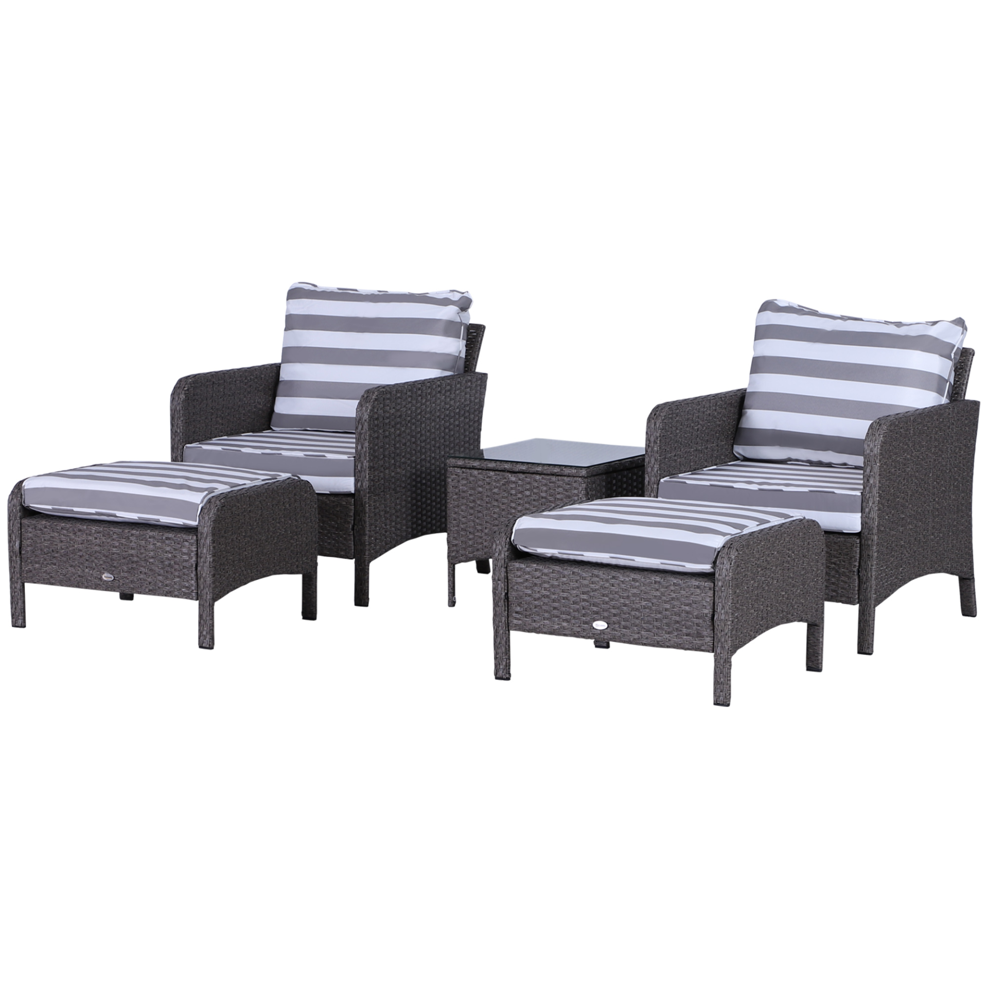 Outsunny 5 Pcs PE Rattan Garden Furniture Set - 2 Armchairs, 2 Stools & Glass Top Table - Dark Grey MyLibelula