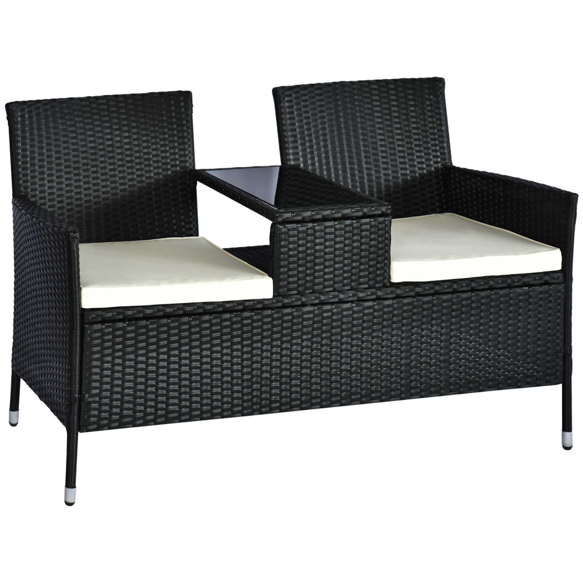 Outsunny 2 Seater Rattan Companion Chair with Drink Table - Stylish Black Wicker Loveseat for Outdoor Patio & Garden MyLibelula