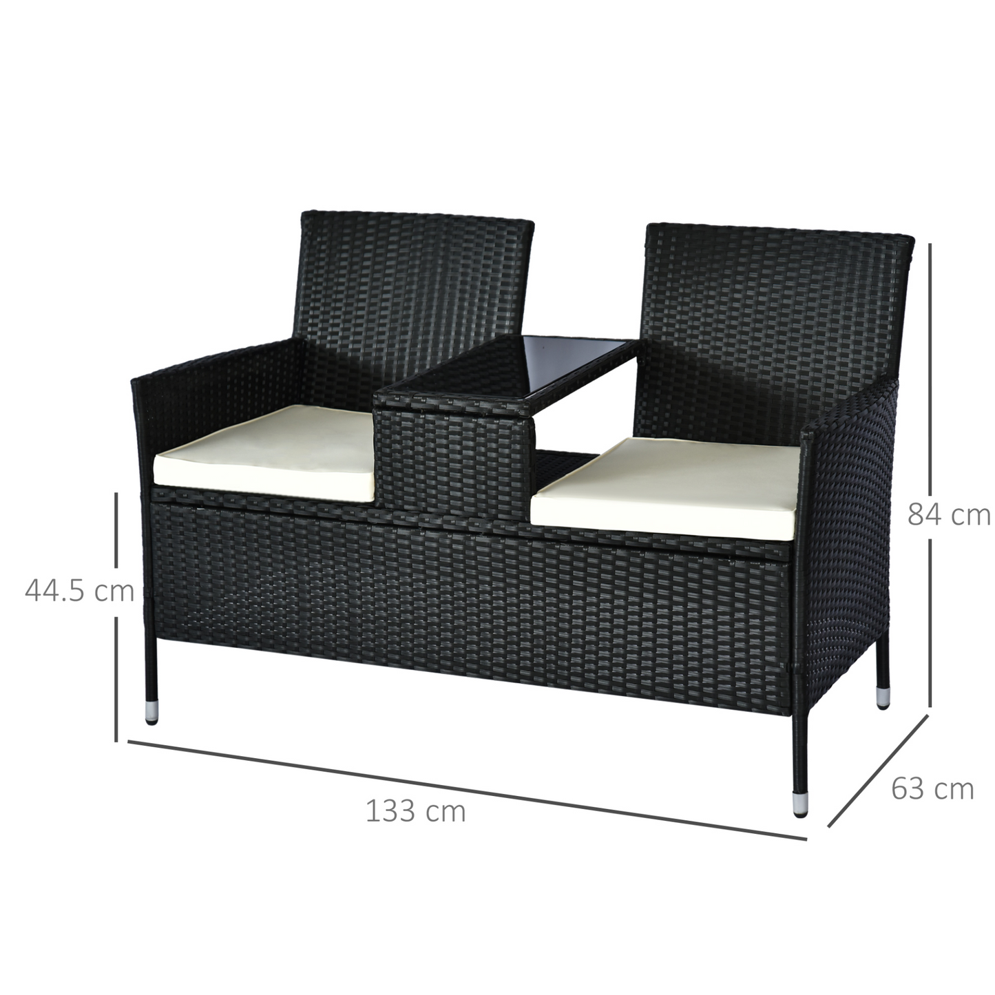 Outsunny 2 Seater Rattan Companion Chair with Drink Table - Stylish Black Wicker Loveseat for Outdoor Patio & Garden MyLibelula