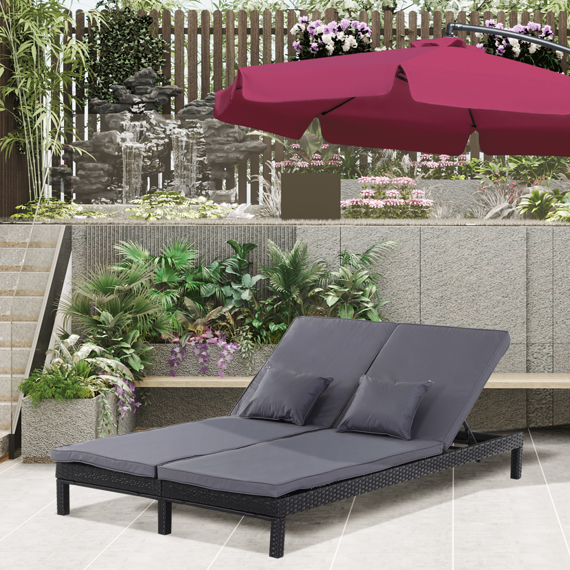 Outsunny Garden Double Rattan Sun Lounger - Reclining Wicker Weave Patio Furniture with Cushions - Black MyLibelula