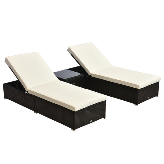 Outsunny 3PC Rattan Sun Lounger Set - Outdoor Wicker Recliner and Side Table - Dark Coffee Patio Furniture MyLibelula