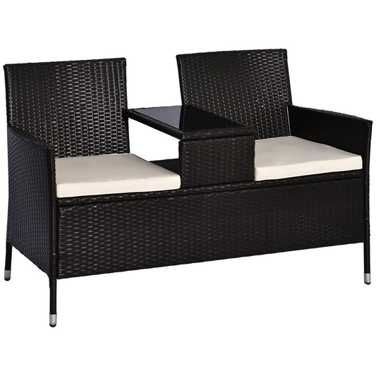 Outsunny 2 Seater Rattan Companion Chair with Glass Table - Dark Brown Patio Loveseat MyLibelula