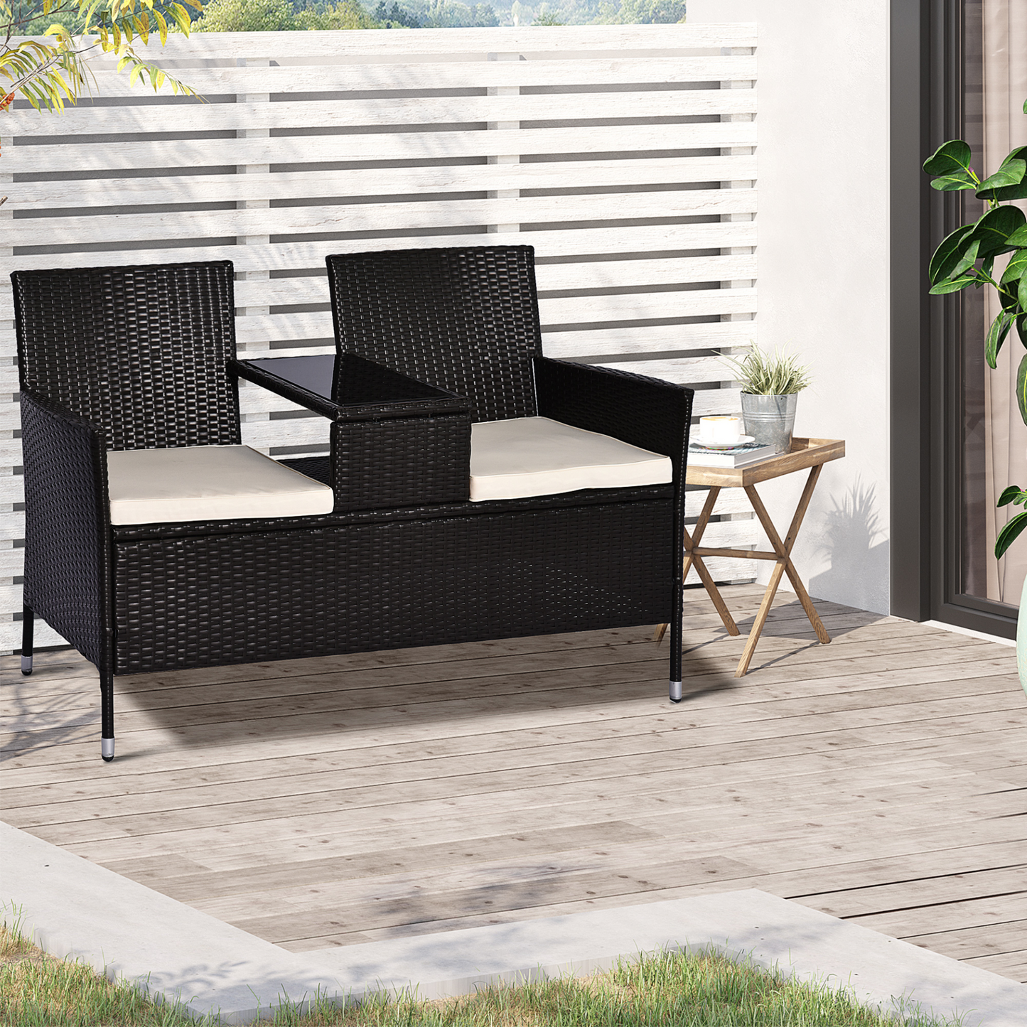 Outsunny 2 Seater Rattan Companion Chair with Glass Table - Dark Brown Patio Loveseat MyLibelula