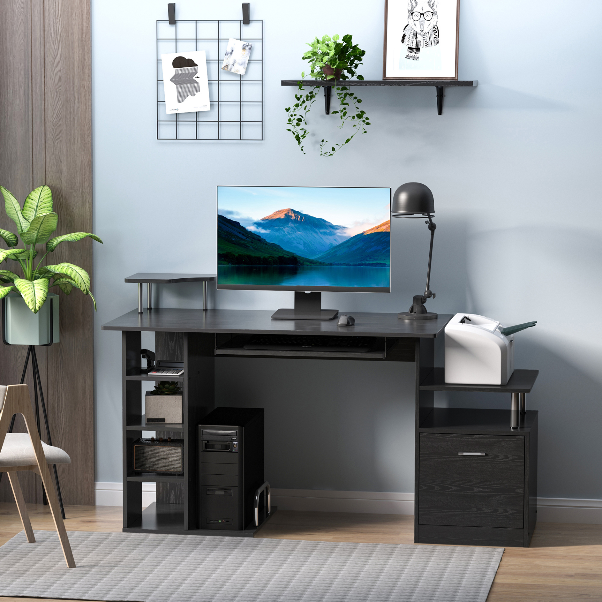 HOMCOM Black Computer Desk PC Workstation with Drawer Shelves and CPU Storage Rack - Home Office Furniture MyLibelula