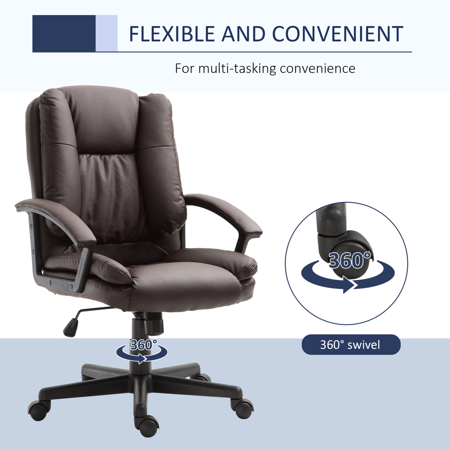 HOMCOM Swivel Executive Office Chair | Mid Back Faux Leather Desk Chair, Ergonomic, Double-Tier Padding, Adjustable Height, 360° Mobility, Brown MyLibelula