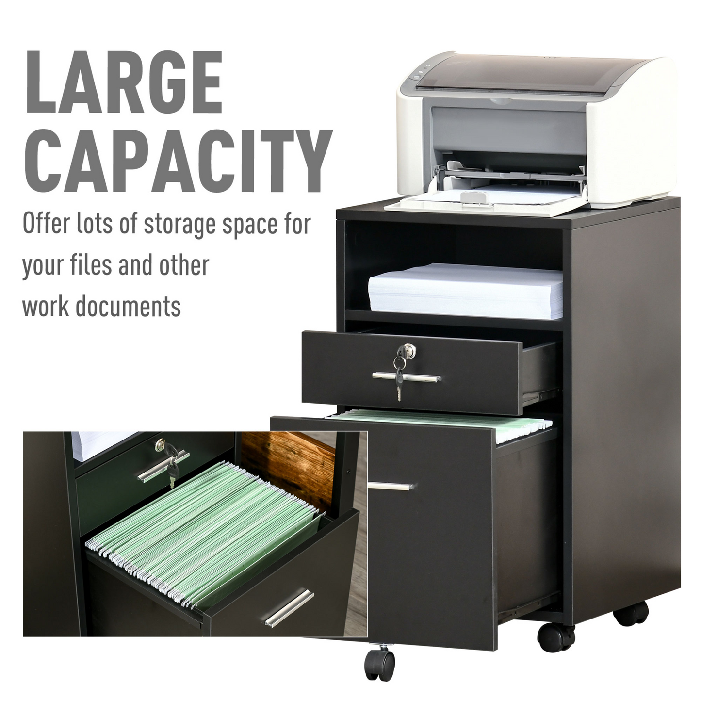 Vinsetto Black Mobile File Cabinet - Lockable Storage Unit for Office, Bedroom & Living Room - 39.5x40x65cm MyLibelula