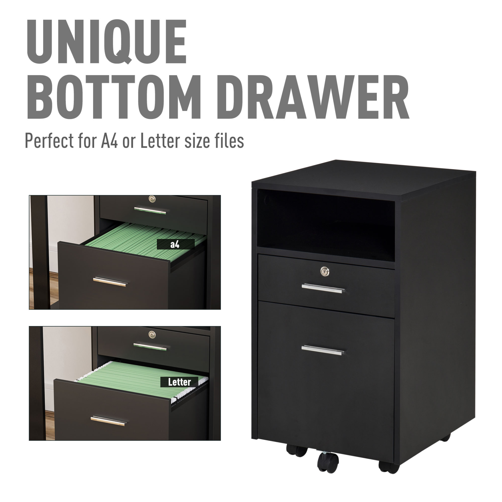 Vinsetto Black Mobile File Cabinet - Lockable Storage Unit for Office, Bedroom & Living Room - 39.5x40x65cm MyLibelula