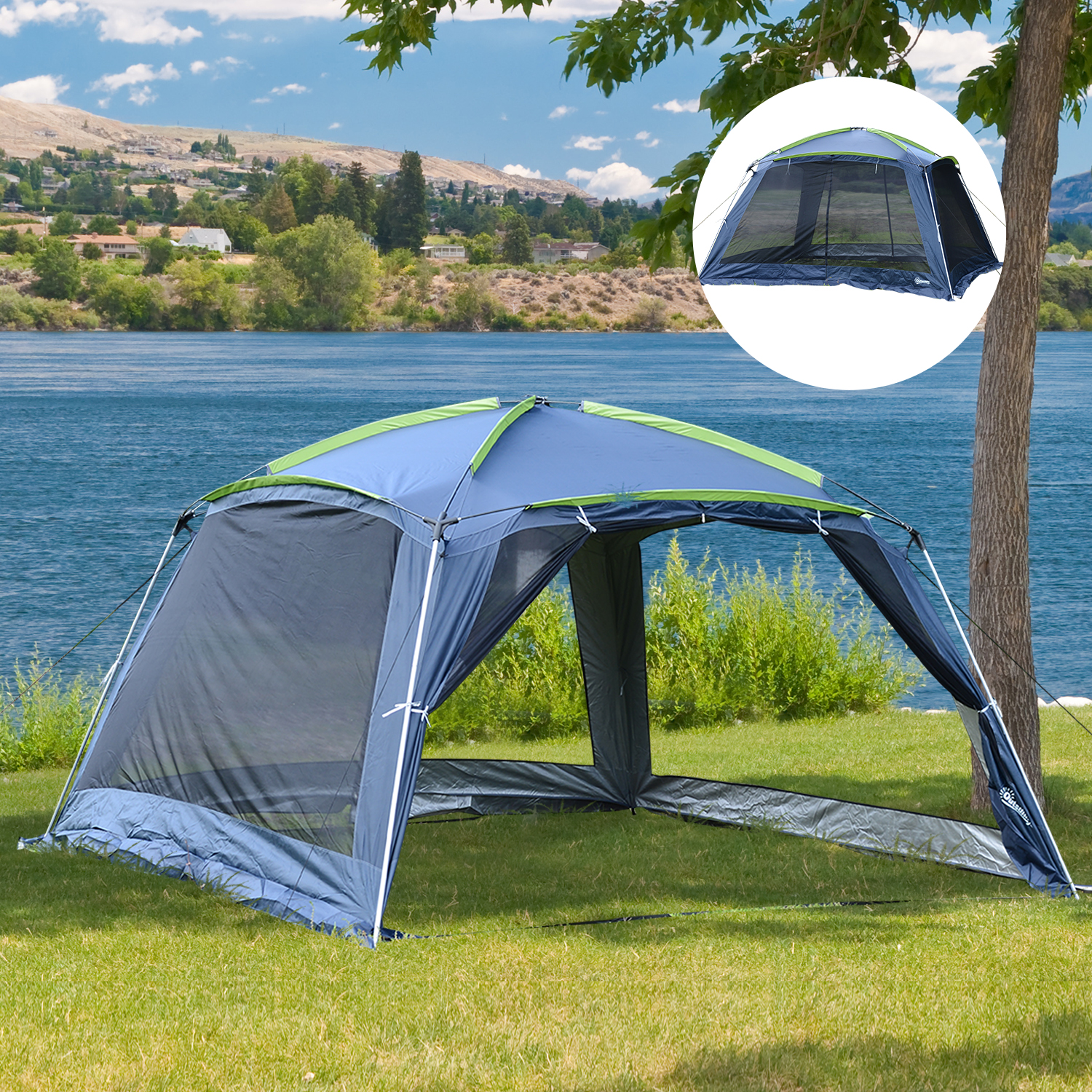 Outsunny 5-8 Person Camping Tent - Portable Dome Tent, Outdoor Screen House, Sun Shelter, 360x355x215cm - Dark Blue/Green MyLibelula