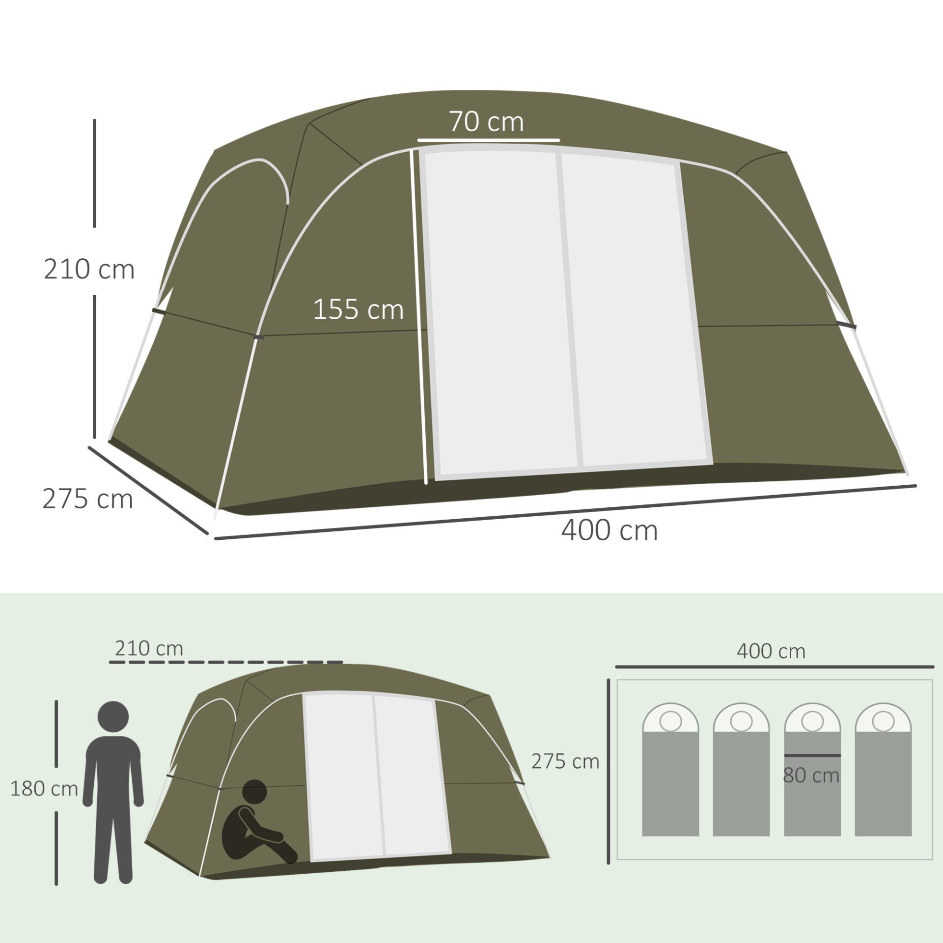 Outsunny Family Camping Tent, 4-8 Person, 2 Room with Mesh Windows, Lightweight and Easy Setup, Green MyLibelula