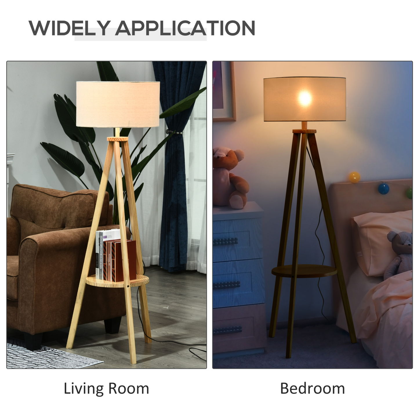 HOMCOM Free Standing Tripod Floor Lamp Bedside Light Reading Light with Storage Shelf Linen Shade for Living Room Bedroom, 154cm, Cream MyLibelula