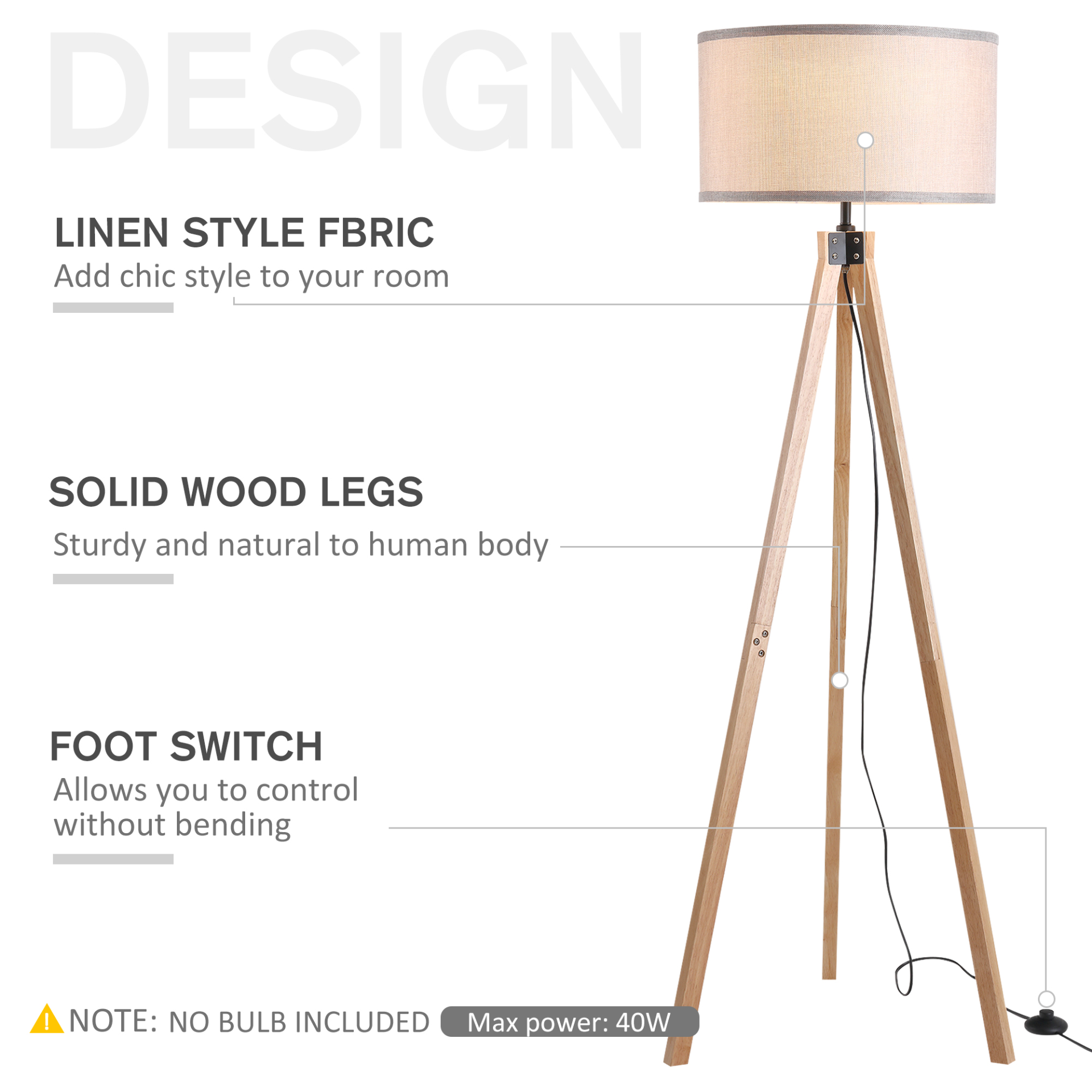 HOMCOM 5FT Elegant Wood Tripod Floor Lamp Free Standing E27 Bulb Lamp Versatile Use For Home Office - Grey MyLibelula