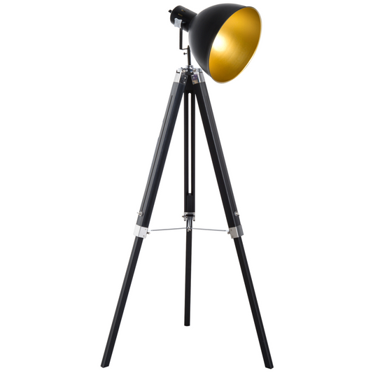 HOMCOM Industrial Floor Lamp for Living Room Tripod Spotlight Reading Lamp w/Wood Legs Metal Shade Adjustable Height Angle for Bedroom Home Office Black and Gold MyLibelula