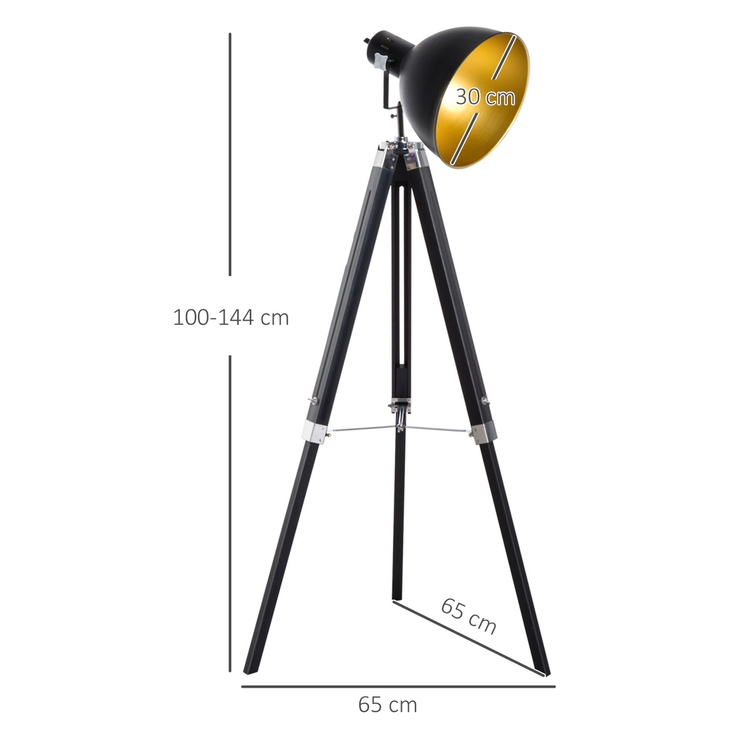 HOMCOM Industrial Floor Lamp for Living Room Tripod Spotlight Reading Lamp w/Wood Legs Metal Shade Adjustable Height Angle for Bedroom Home Office Black and Gold MyLibelula