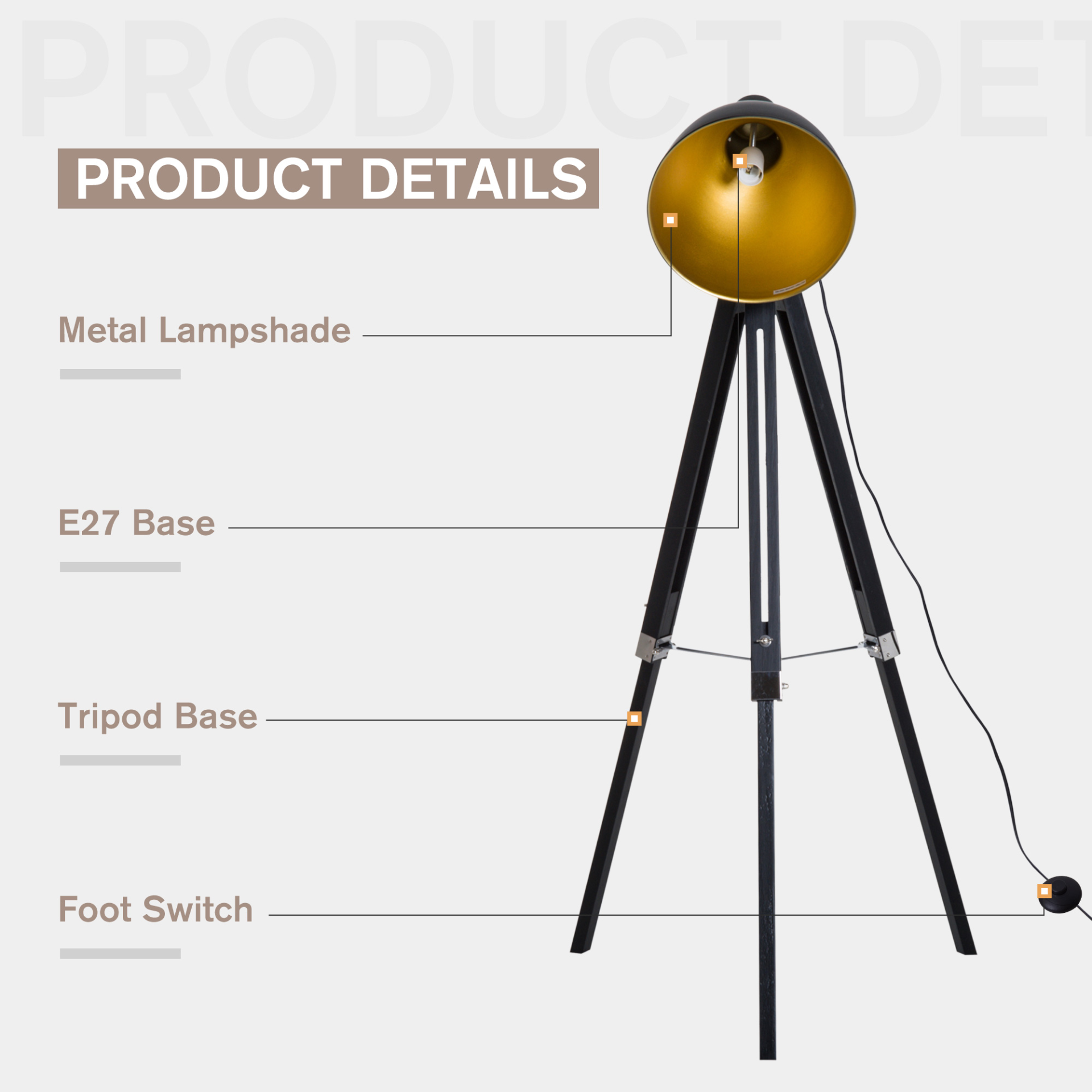 HOMCOM Industrial Floor Lamp for Living Room Tripod Spotlight Reading Lamp w/Wood Legs Metal Shade Adjustable Height Angle for Bedroom Home Office Black and Gold MyLibelula