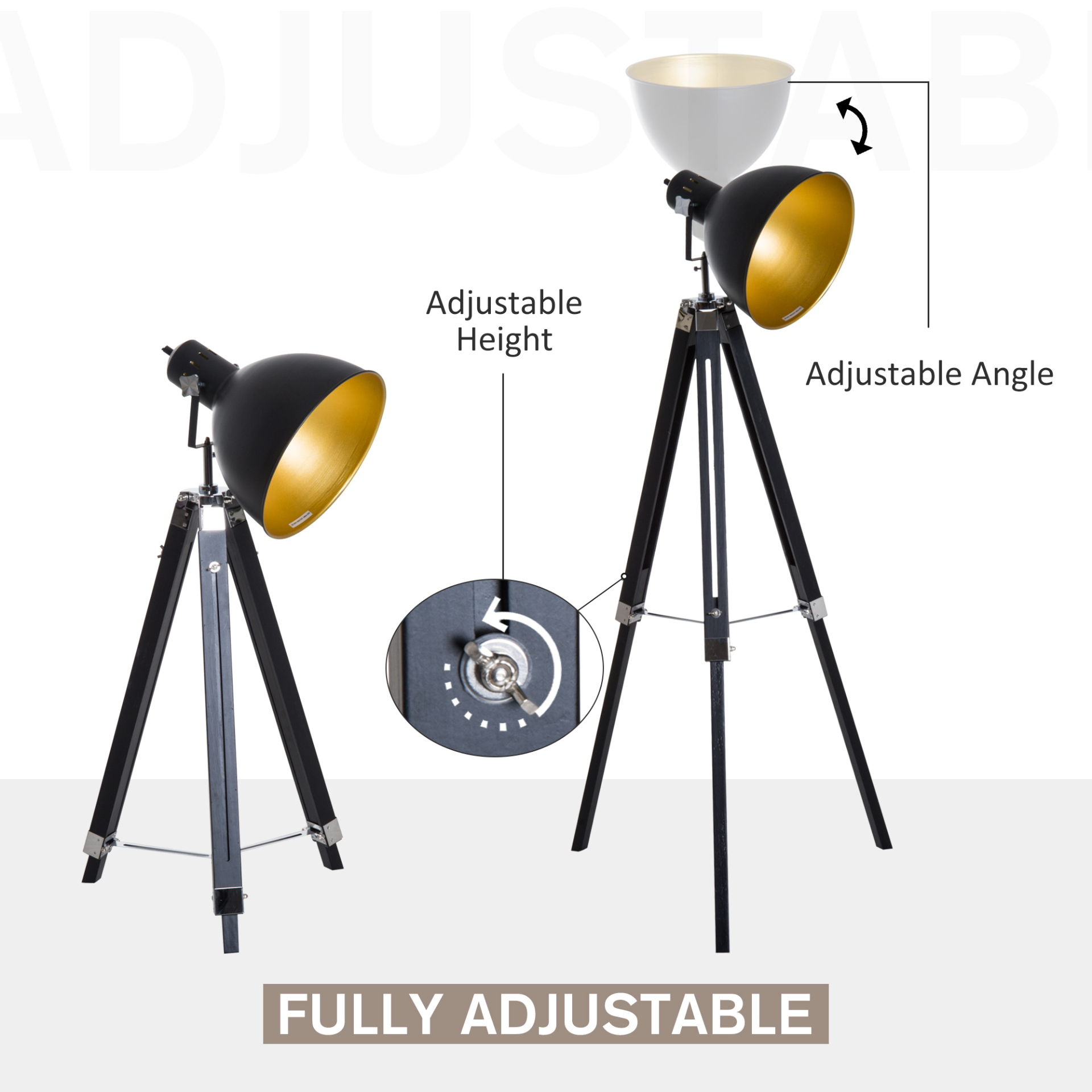 HOMCOM Industrial Floor Lamp for Living Room Tripod Spotlight Reading Lamp w/Wood Legs Metal Shade Adjustable Height Angle for Bedroom Home Office Black and Gold MyLibelula