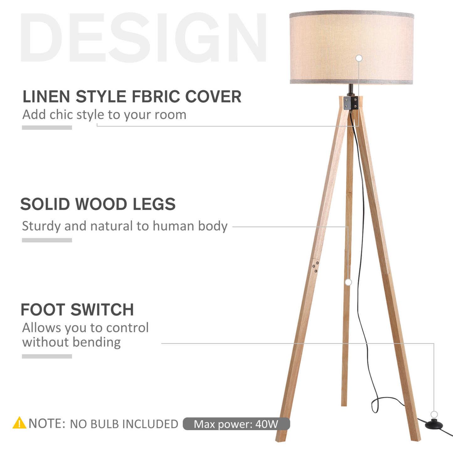 HOMCOM 5FT Elegant Wood Tripod Floor Lamp Free Standing E27 Bulb Lamp Versatile Use For Home Office - Beige MyLibelula