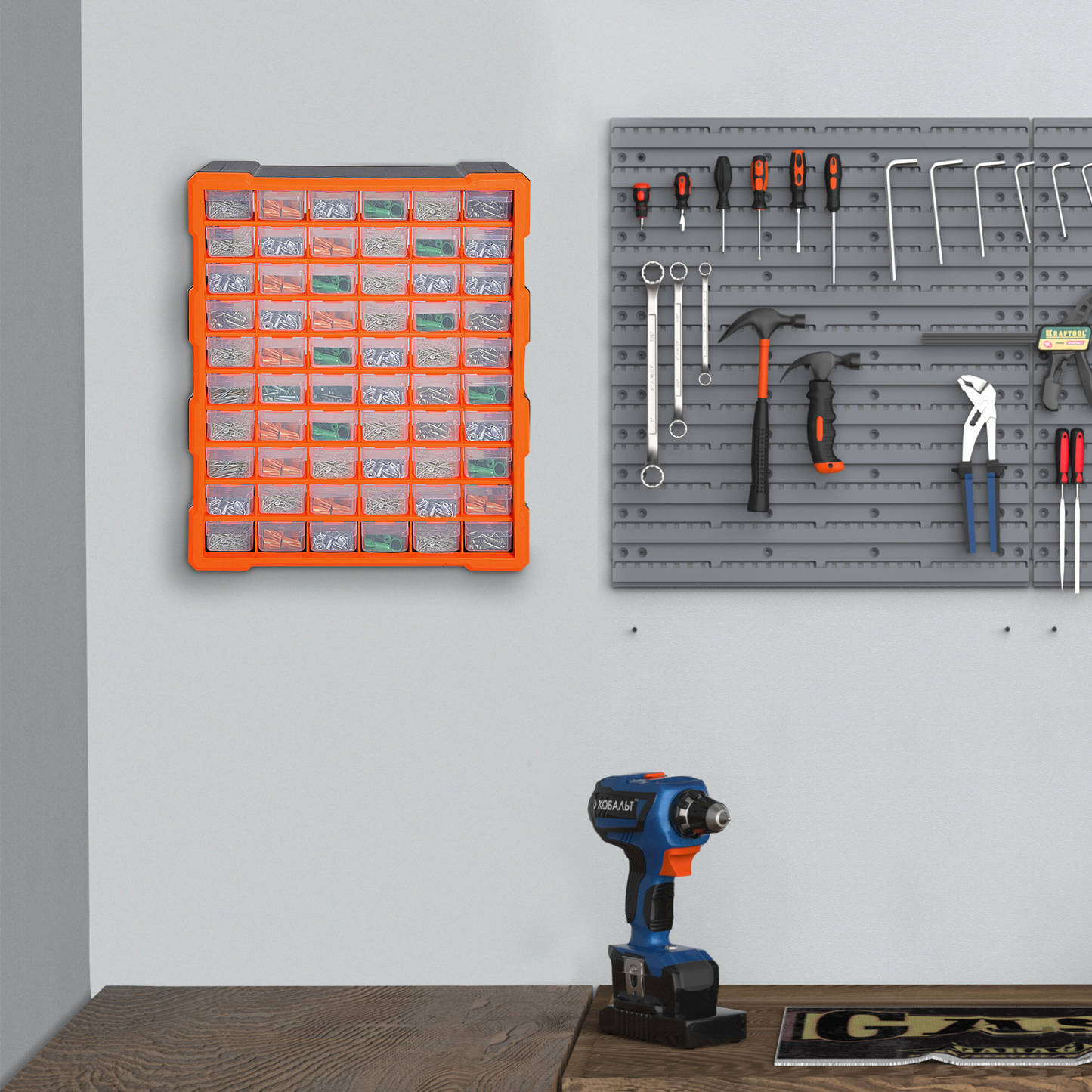 60 Drawers Parts Organiser Wall Mount Storage Cabinet Garage Small Nuts Bolts Tools Clear Orange MyLibelula