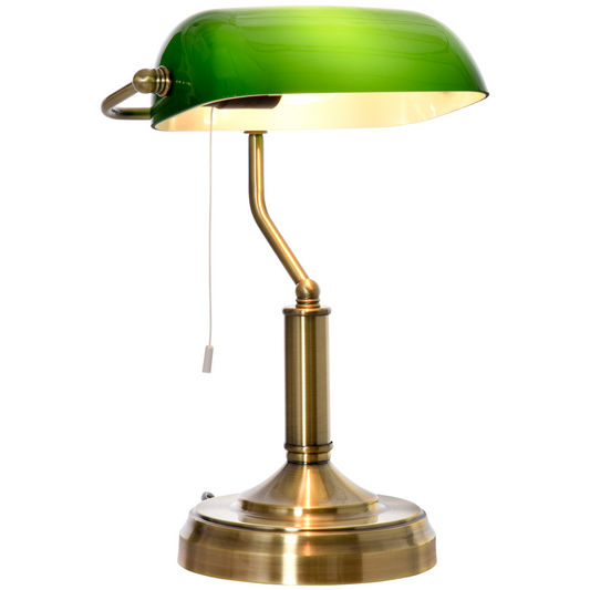 HOMCOM Banker's Table Lamp Desk Lamp with Antique Bronze Base, Green Glass Shade and Pull Rope Switch for Home Office,  Living Room, Bedroom, Dining Room MyLibelula