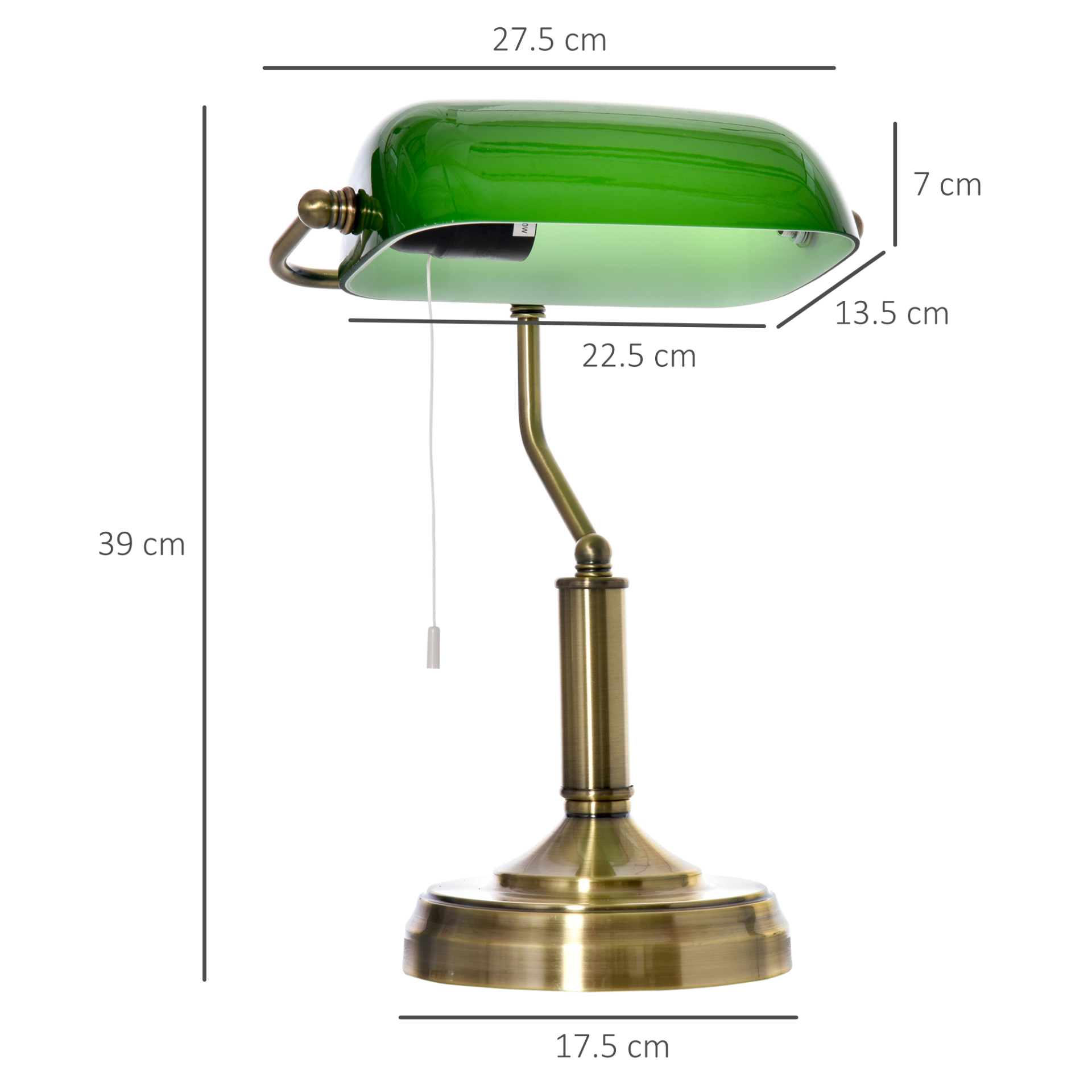 HOMCOM Banker's Table Lamp Desk Lamp with Antique Bronze Base, Green Glass Shade and Pull Rope Switch for Home Office,  Living Room, Bedroom, Dining Room MyLibelula