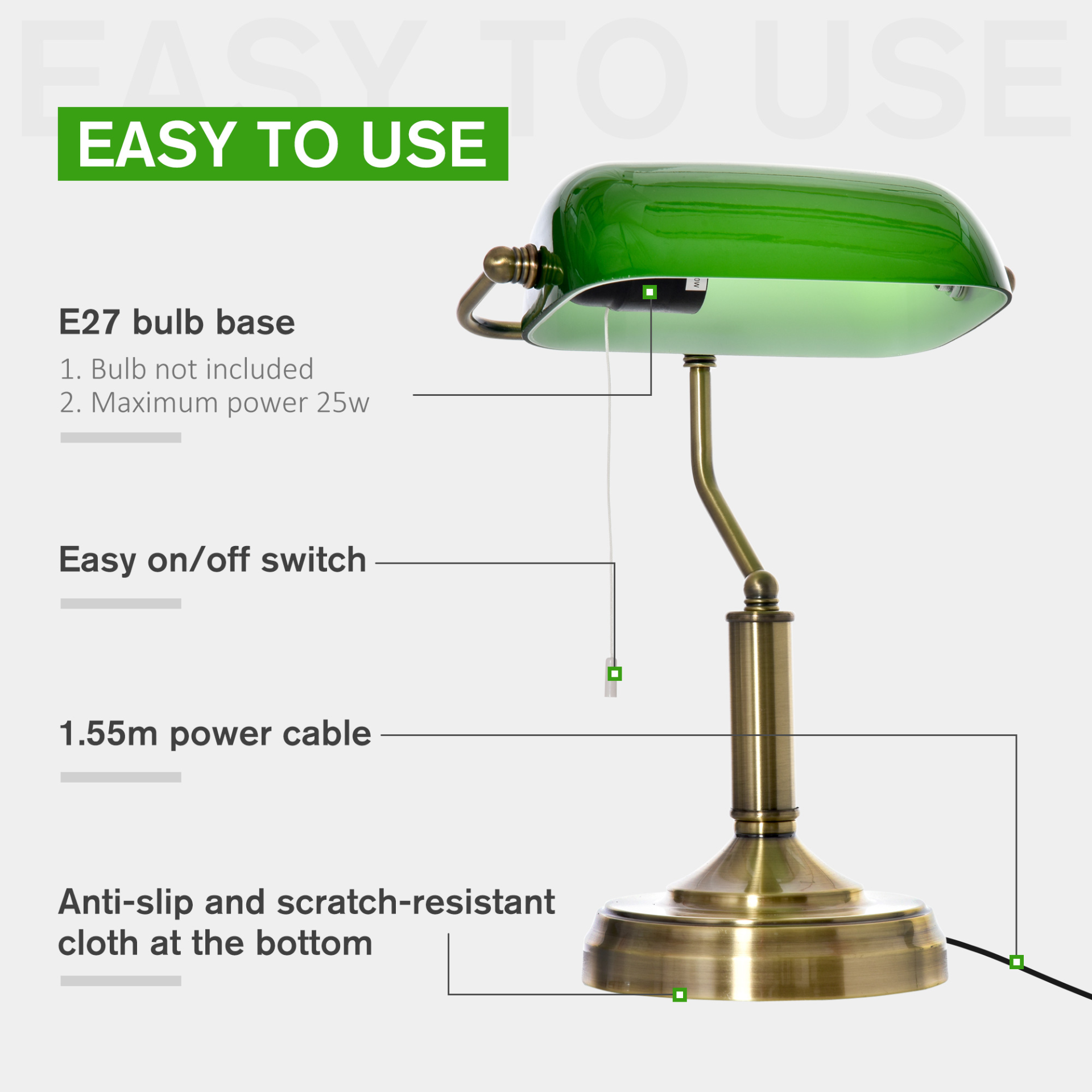 HOMCOM Banker's Table Lamp Desk Lamp with Antique Bronze Base, Green Glass Shade and Pull Rope Switch for Home Office,  Living Room, Bedroom, Dining Room MyLibelula