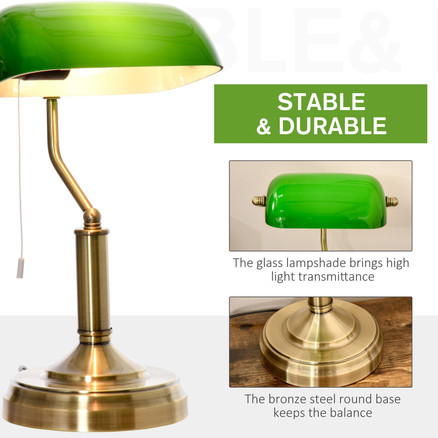 HOMCOM Banker's Table Lamp Desk Lamp with Antique Bronze Base, Green Glass Shade and Pull Rope Switch for Home Office,  Living Room, Bedroom, Dining Room MyLibelula