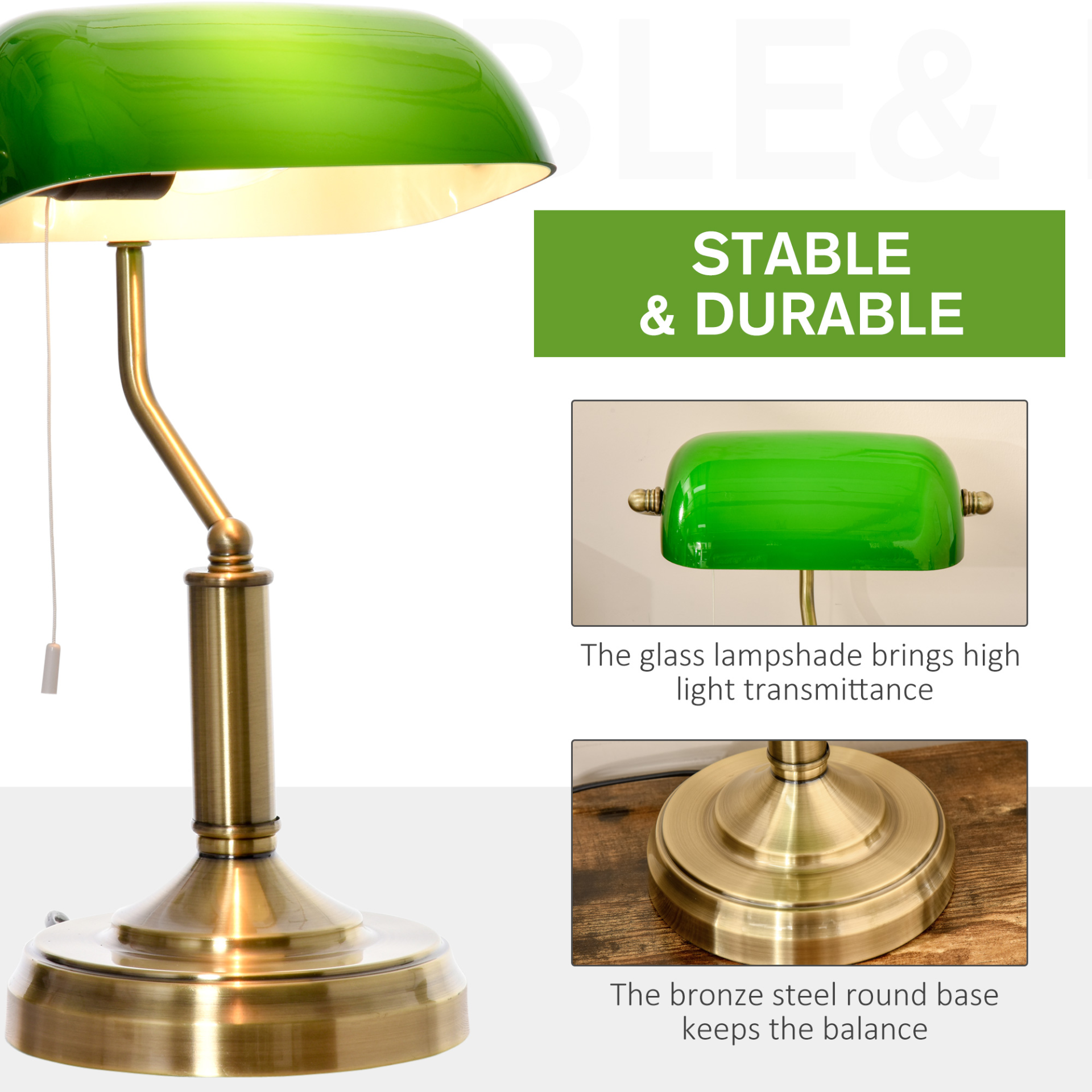 HOMCOM Banker's Table Lamp Desk Lamp with Antique Bronze Base, Green Glass Shade and Pull Rope Switch for Home Office,  Living Room, Bedroom, Dining Room MyLibelula