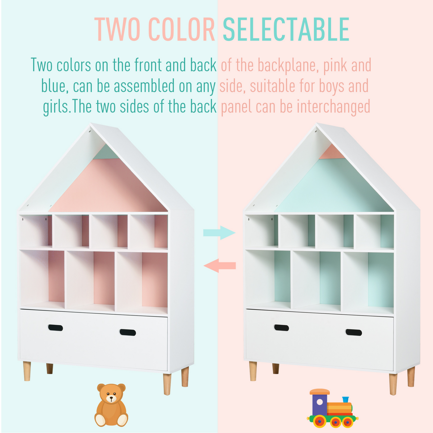 HOMCOM Kids Wooden Bookshelf Chest and Toy Storage Unit w/ Drawer - Children's Bookcase Organizer Cabinet in Blue/Pink MyLibelula