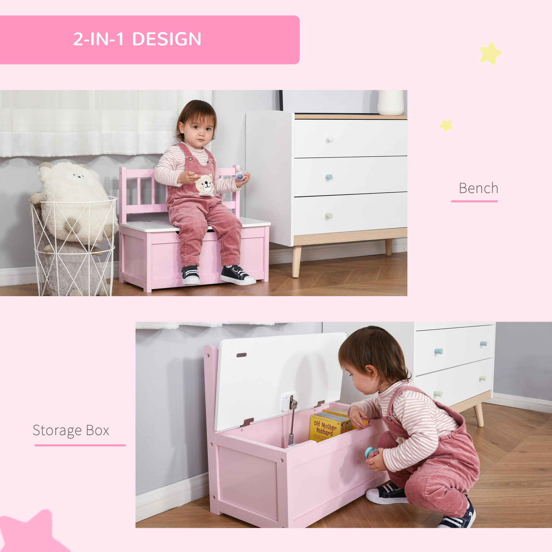 HOMCOM 2-IN-1 Wooden Toy Box & Kids Seat Bench - Storage Chest Cabinet Organizer with Safety Pneumatic Rod, 60 x 30 x 50cm, Pink MyLibelula