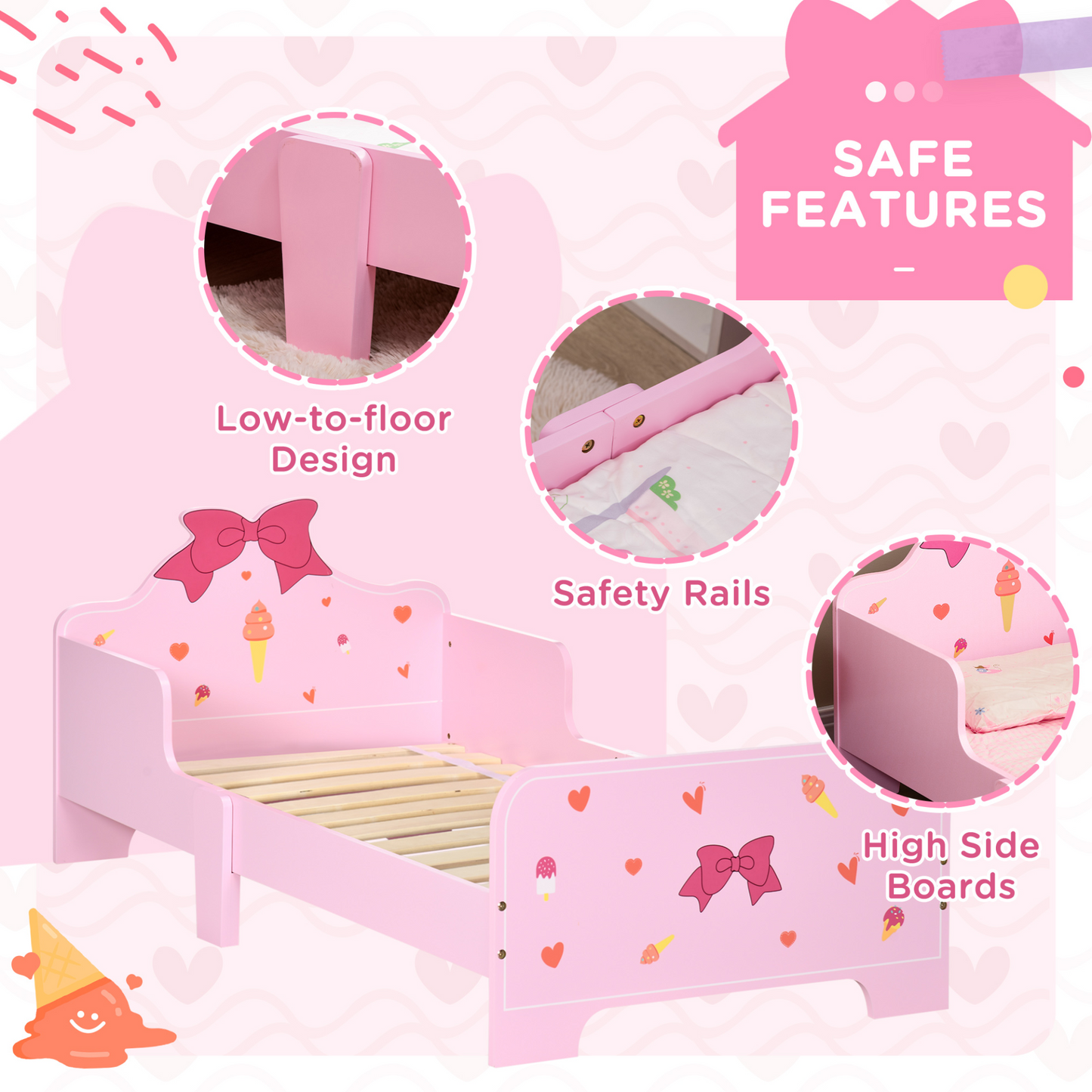 ZONEKIZ Princess Toddler Bed with Safety Side Rails - Girls Bedroom Furniture, Pink, 143x74x59cm MyLibelula