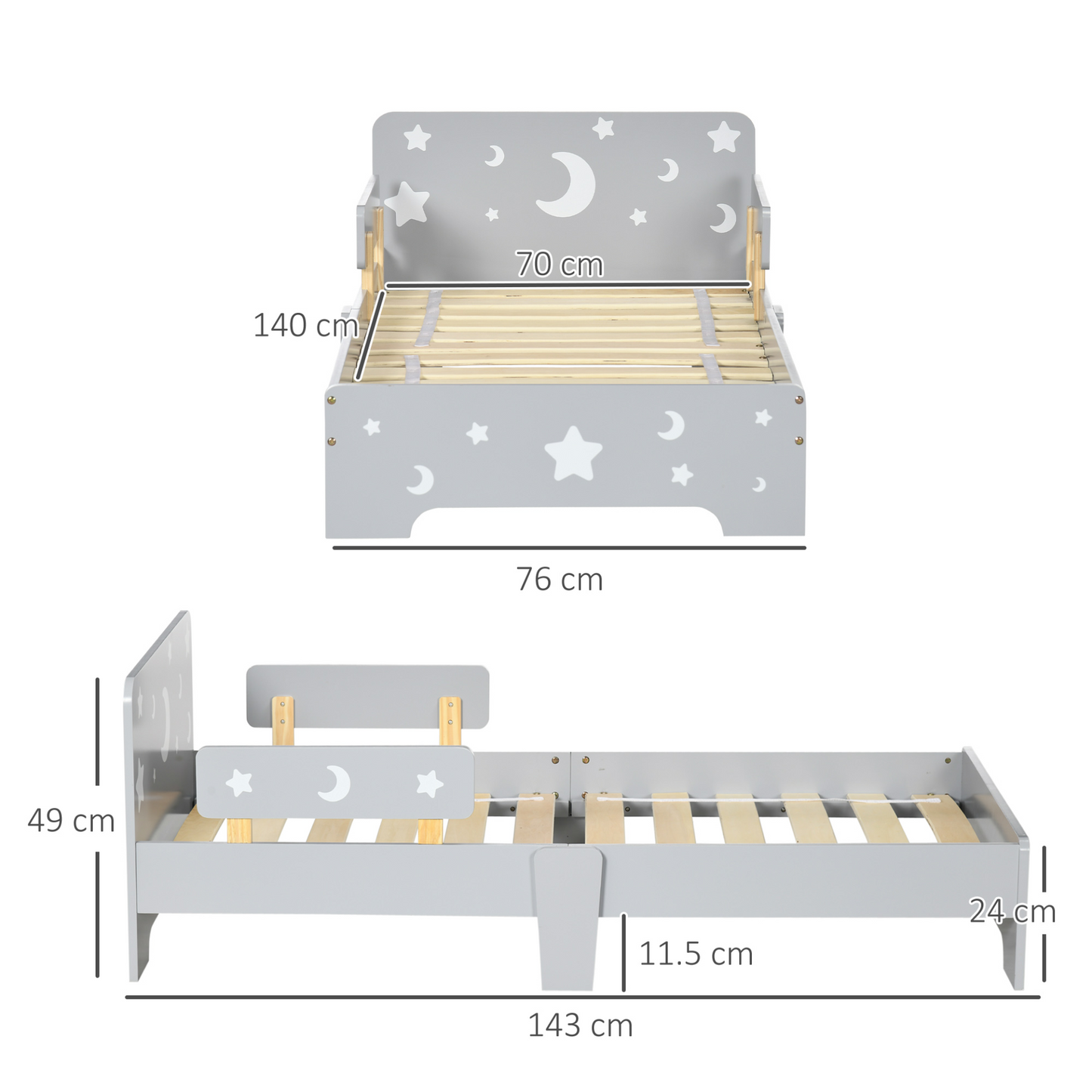 ZONEKIZ Kids Toddler Bed with Star and Moon Patterns, Safety Side Rails, Ages 3-6, 143 x 76 x 49cm - Grey MyLibelula