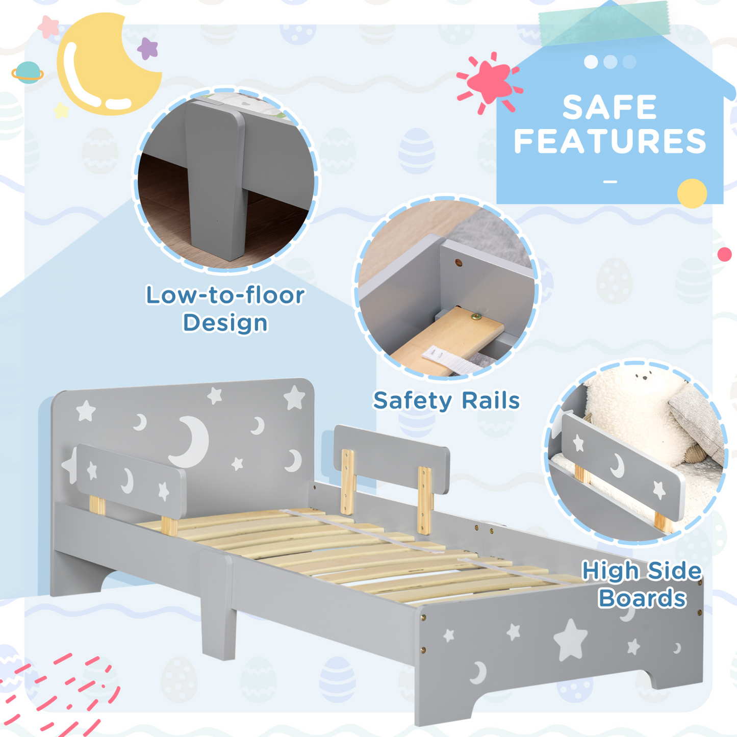 ZONEKIZ Kids Toddler Bed with Star and Moon Patterns, Safety Side Rails, Ages 3-6, 143 x 76 x 49cm - Grey MyLibelula